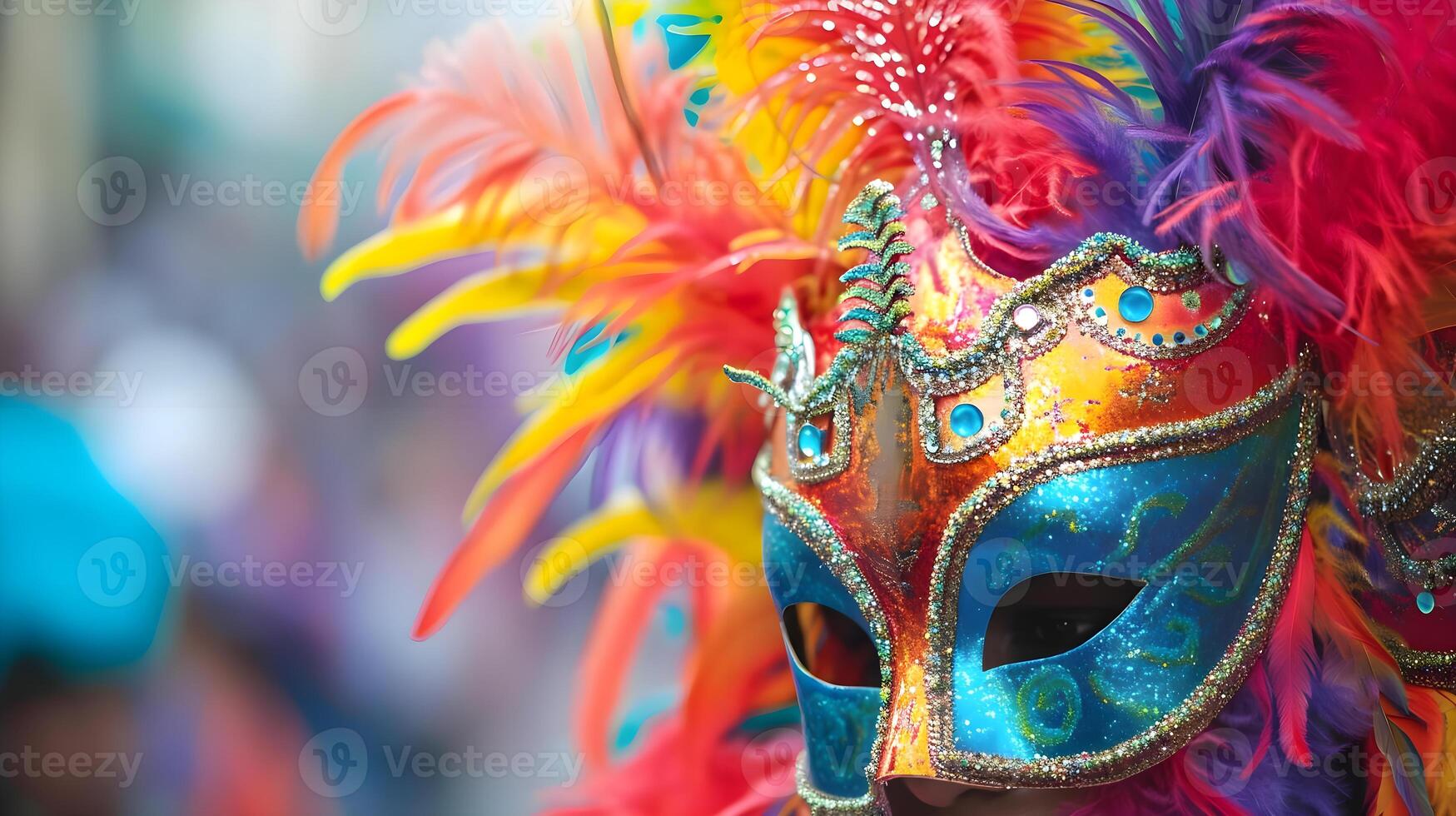 AI generated a colorful mask with feathers on it photo