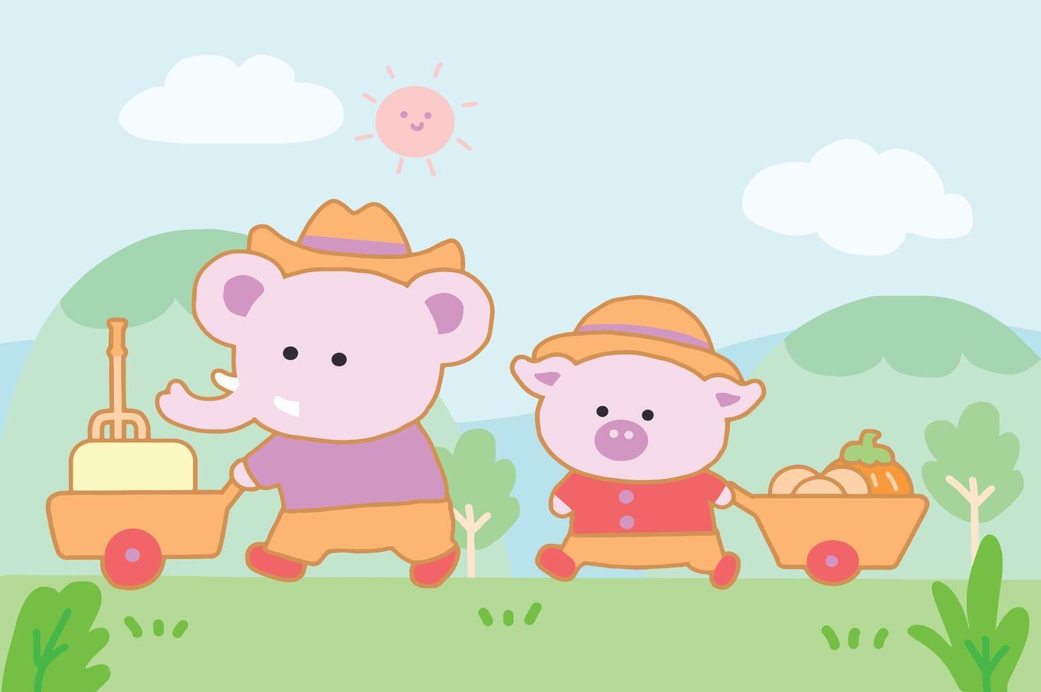 Little pig and friend go to harvest cartoon style. vector