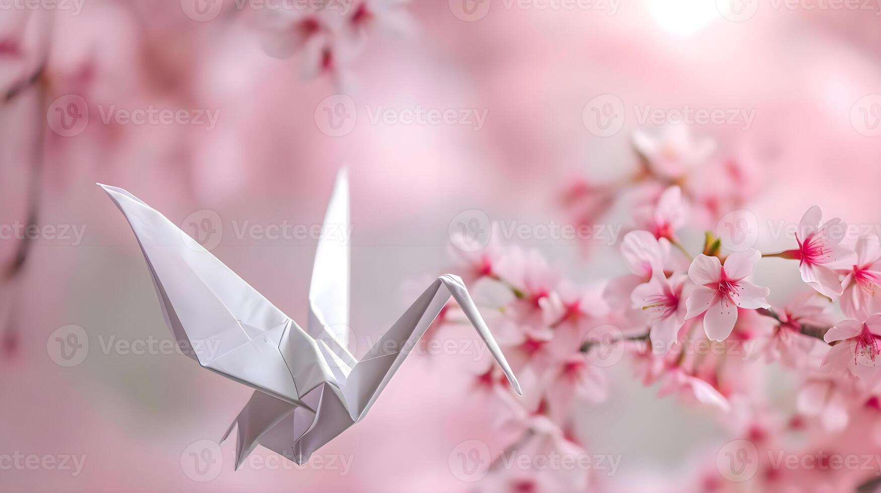 ai generado un blanco origami pájaro sentado en parte superior de rosado flores foto