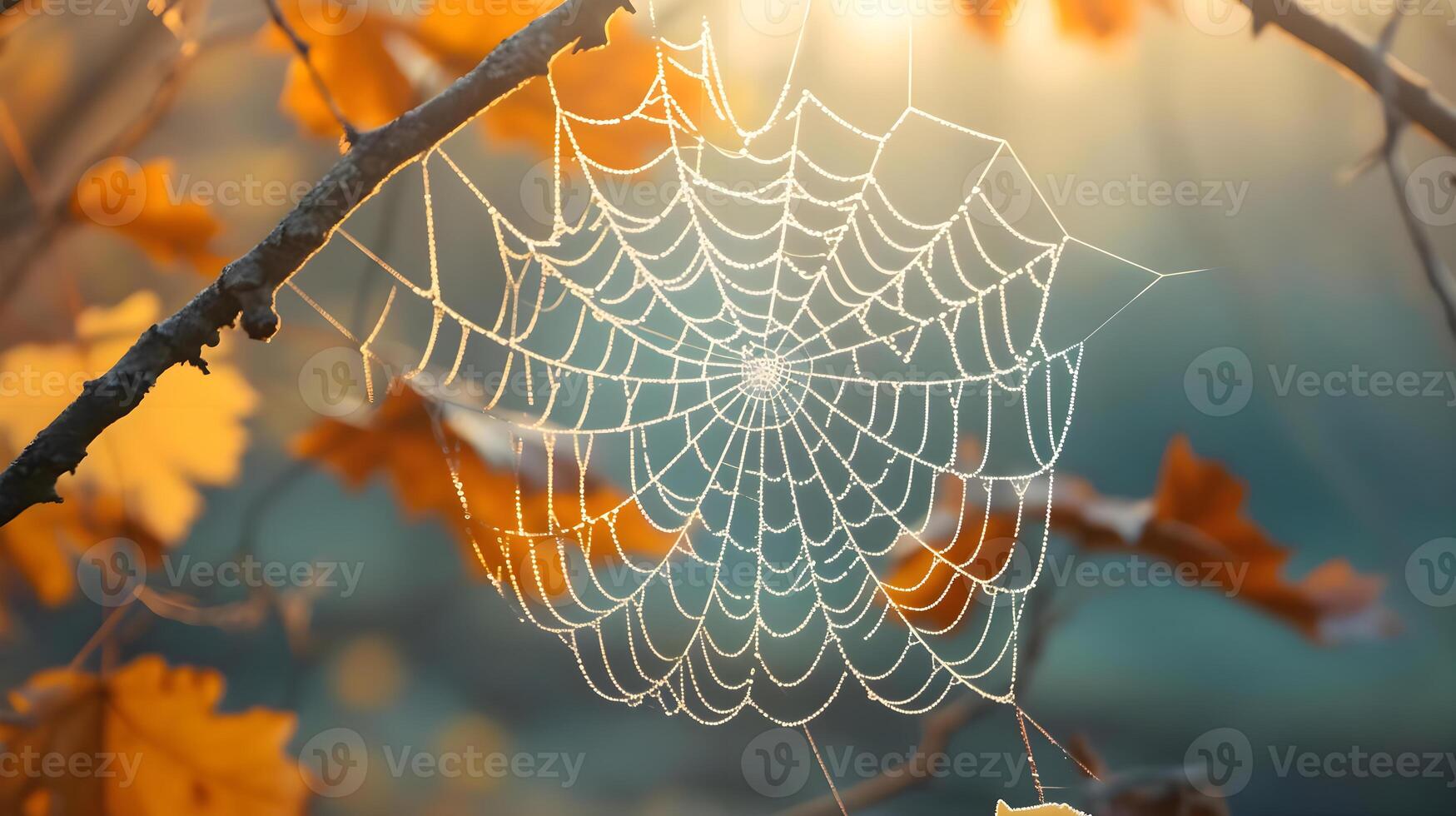 AI generated a spider web hanging from a tree branch photo