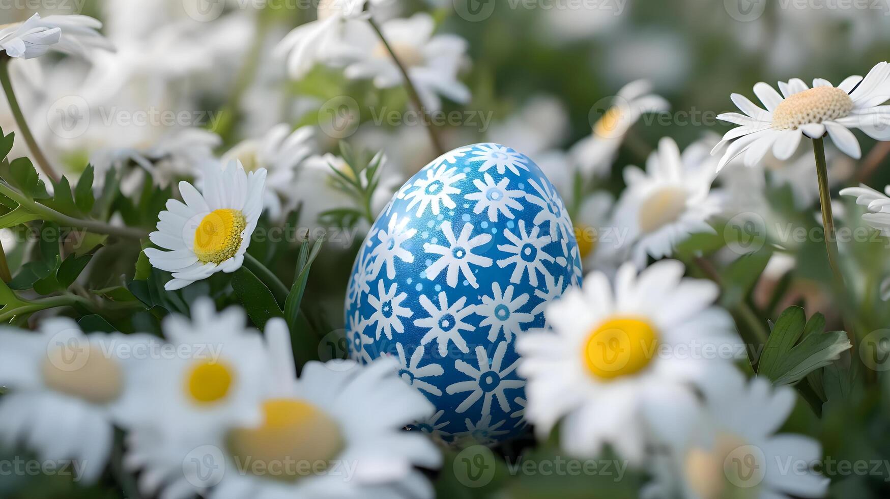 AI generated a blue and white decorated egg in a field of daisies photo