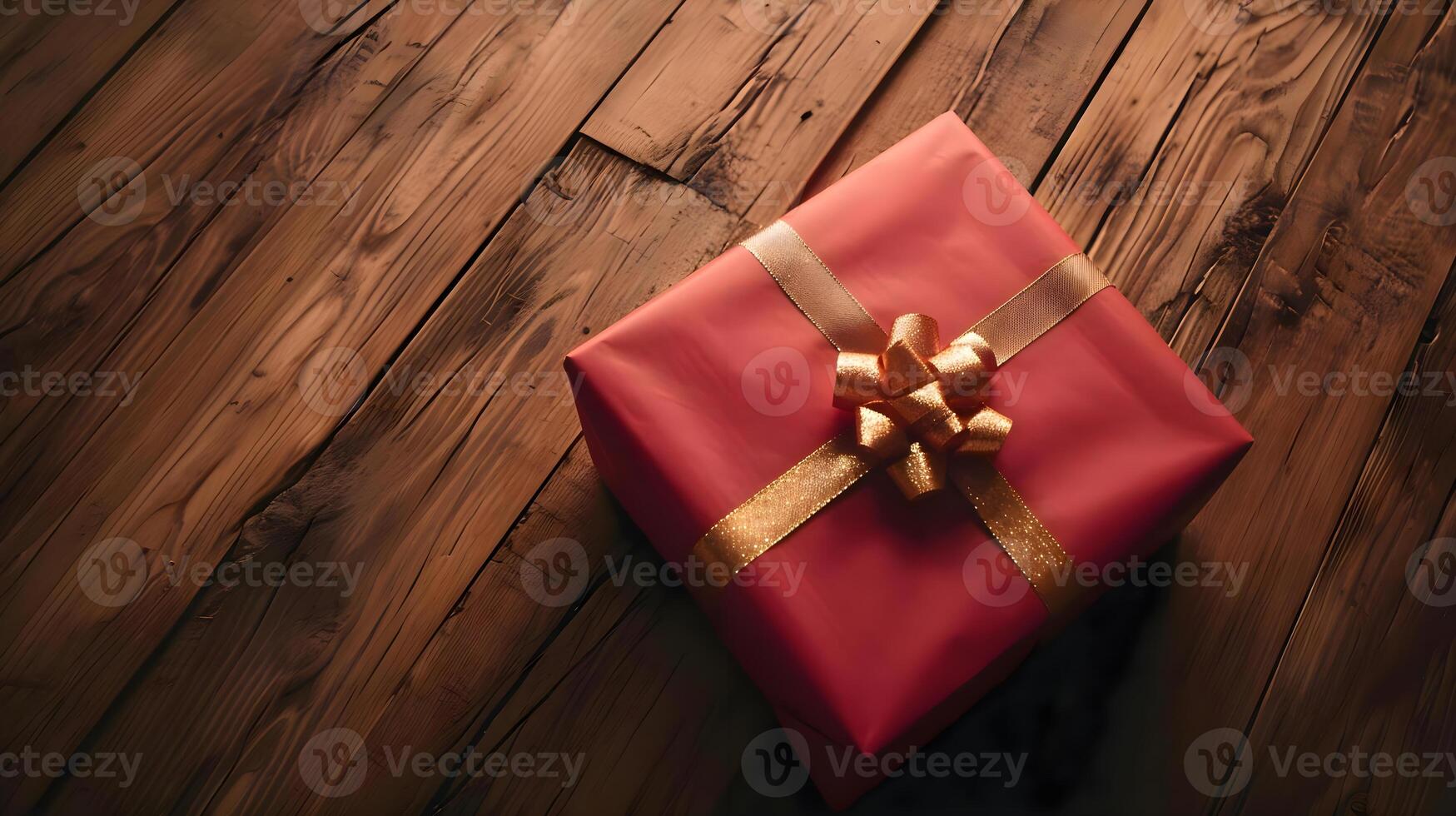 AI generated a red wrapped present sitting on top of a wooden floor photo