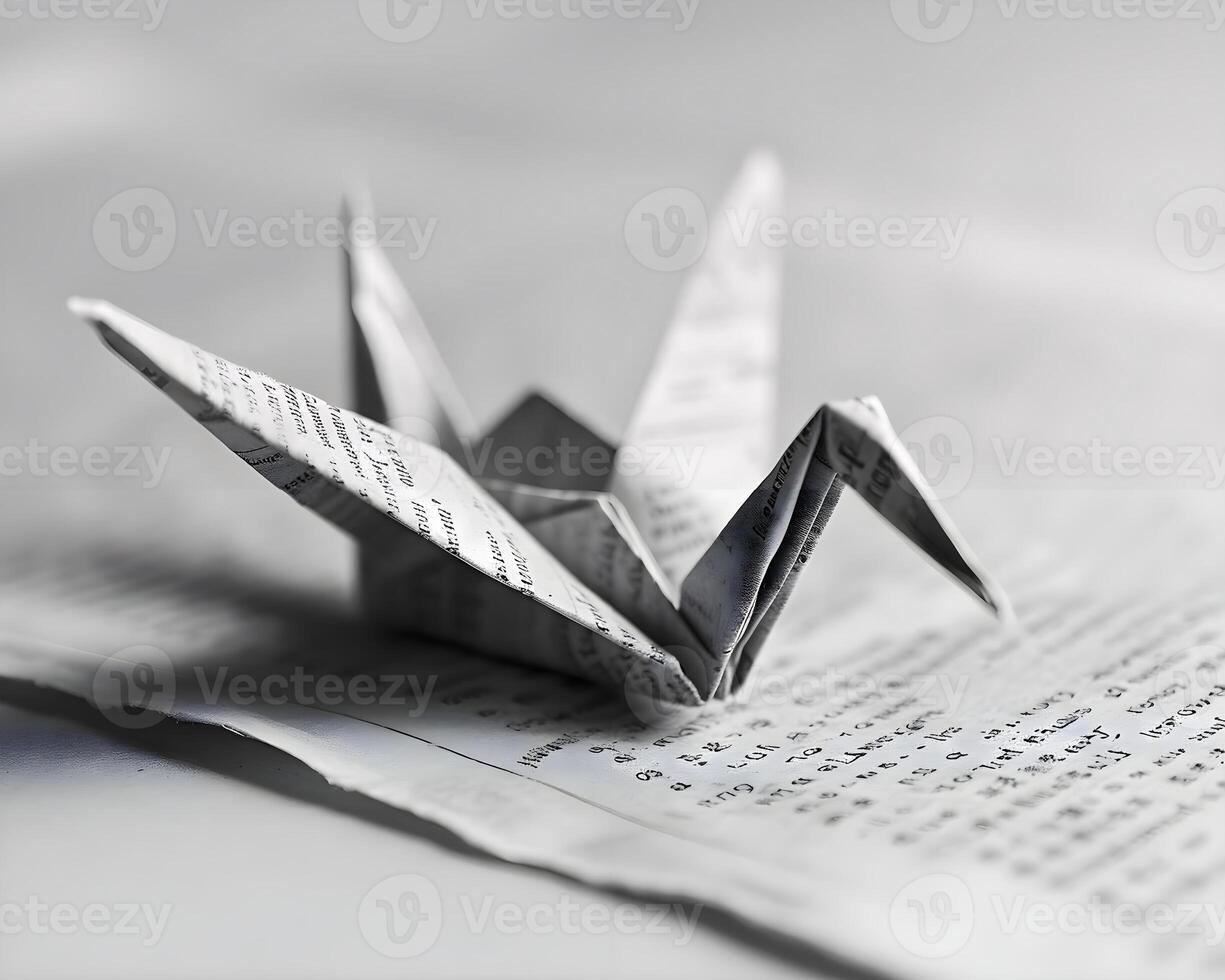 ai generado un doblada origami pájaro sentado en parte superior de un pedazo de papel foto