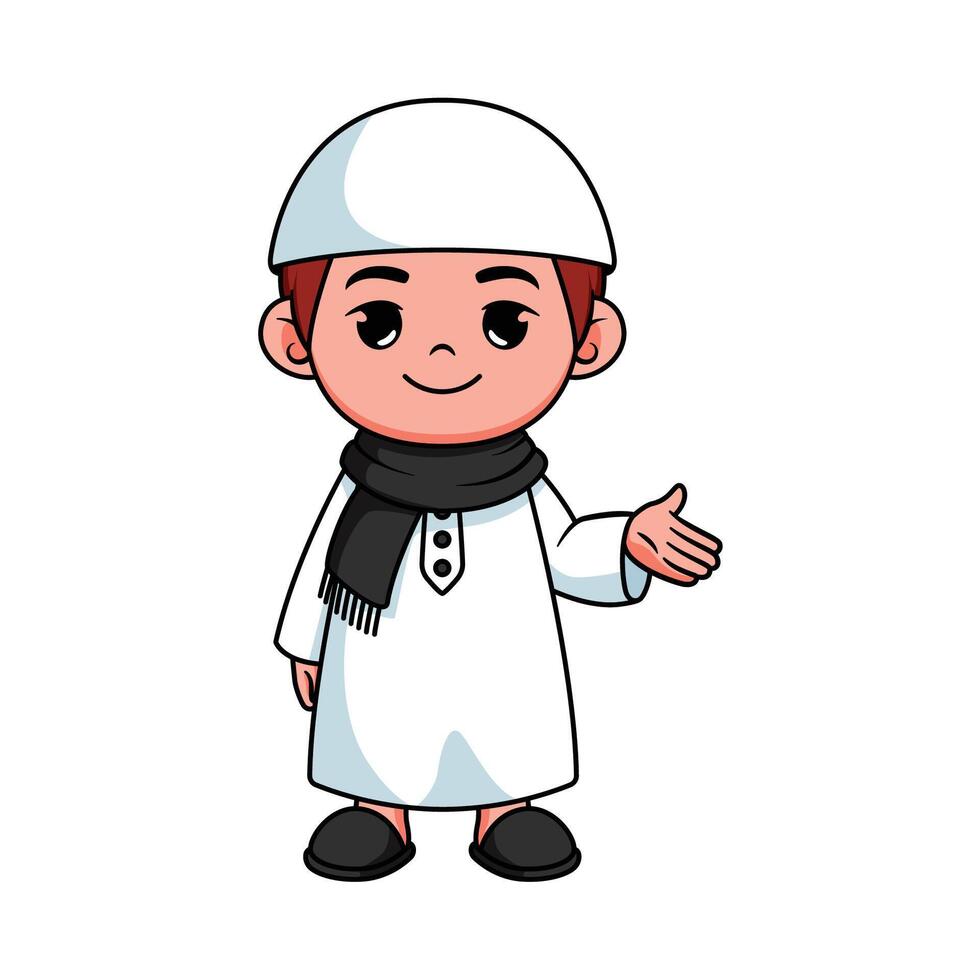 ilustración diseño de un joven musulmán chico en pie y saludo vector