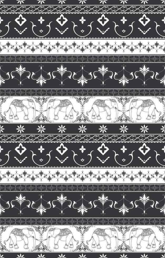 Thai elephant pattern Rolled flower lines for weaving and fabric printing, white lines on black background. vector