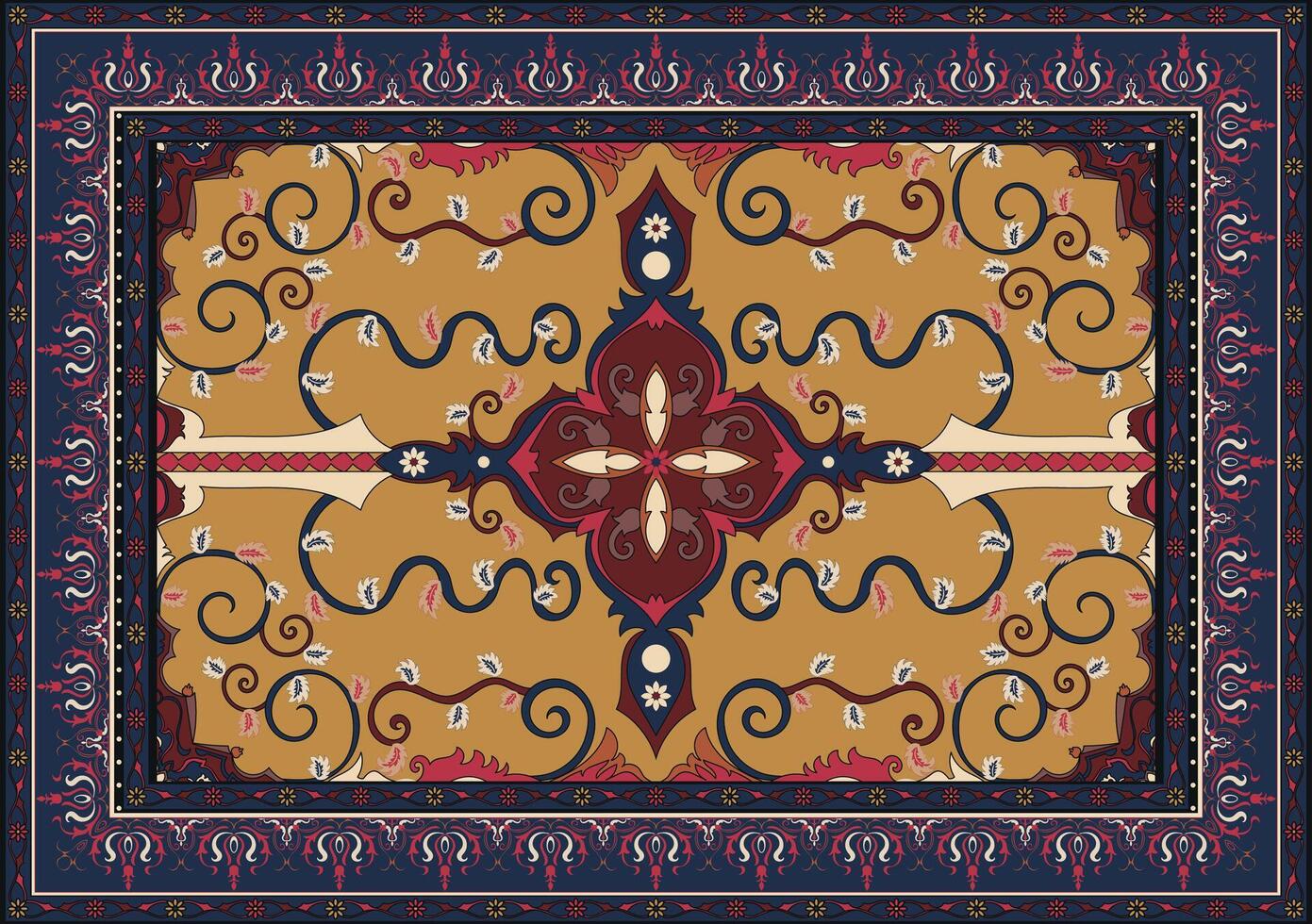 The Persian carpet is blue and has a window of color for easy color changes. vector