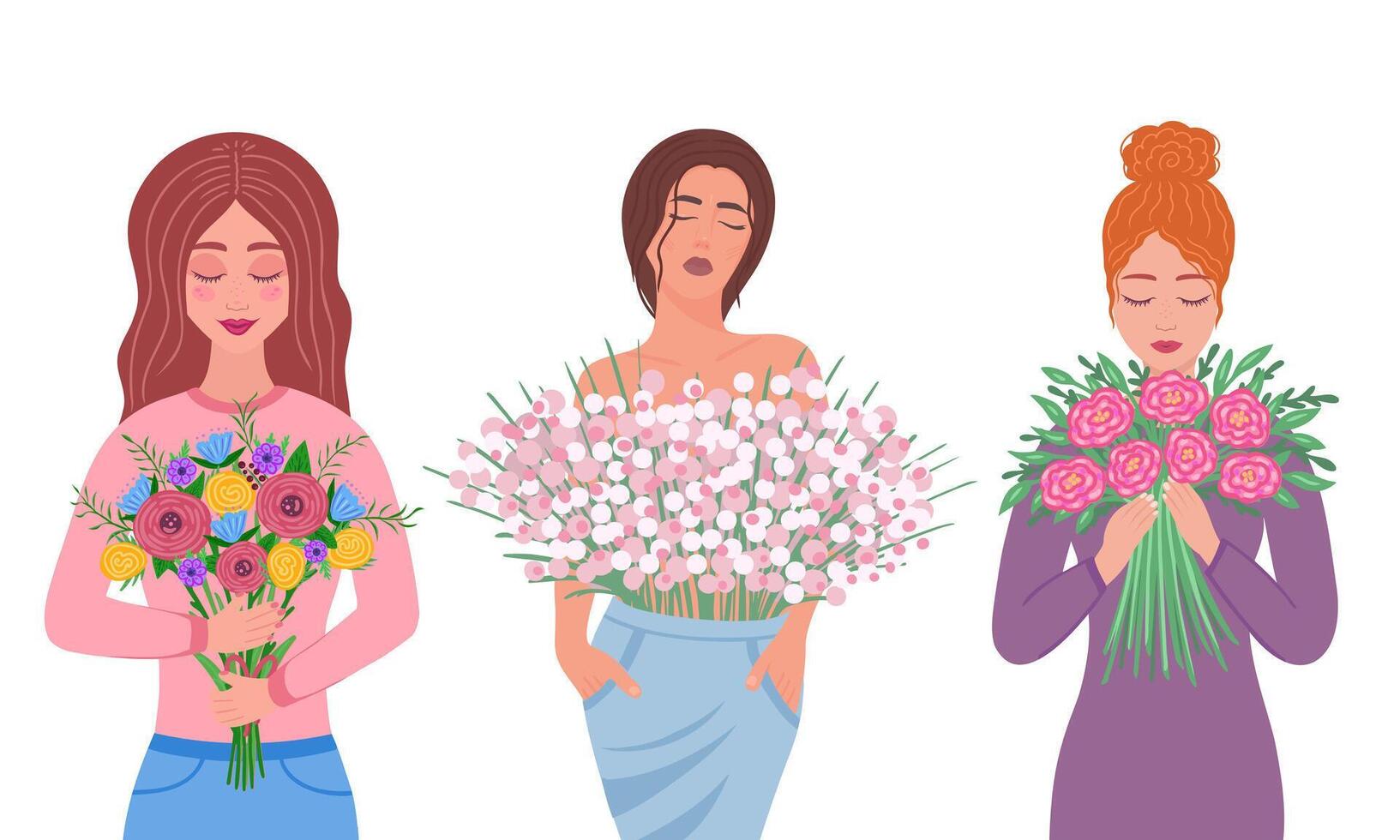 beautiful girls with bouquet of flowers. Illustration for printing, backgrounds, covers and packaging. Image can be used for cards, posters, stickers and textile. Isolated on white background. vector