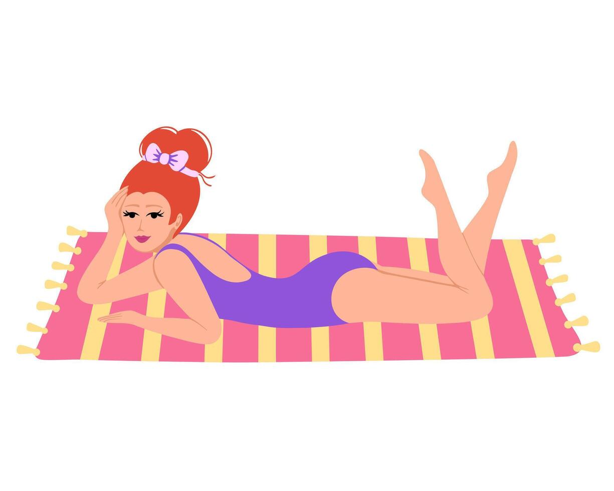 girl lies on her stomach and sunbathes on the beach. Illustration for printing, backgrounds and packaging. Image can be used for greeting cards, posters, stickers. Isolated on white background. vector