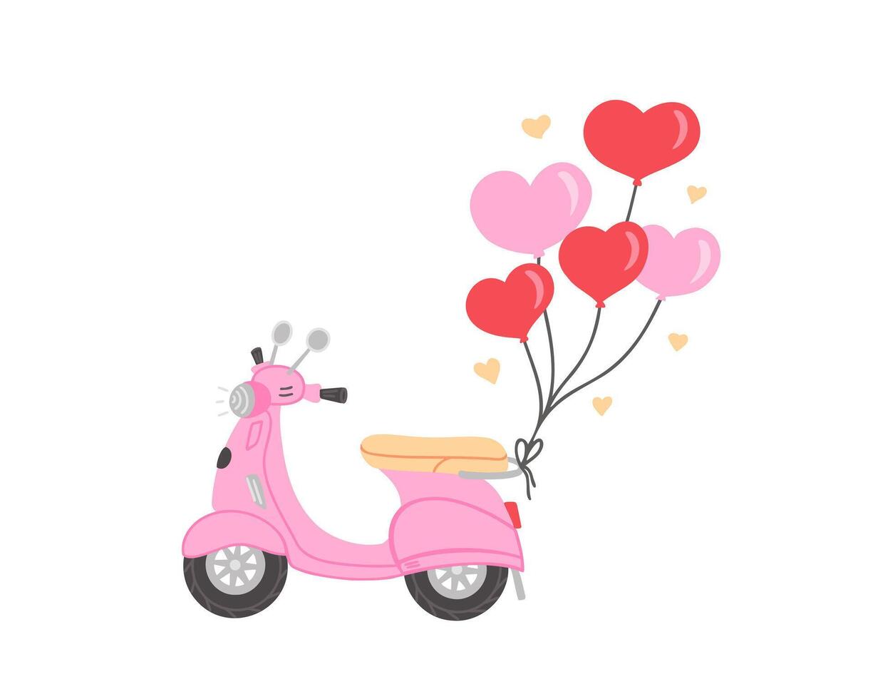 moped with heart balloons. Illustration for printing, backgrounds, covers and packaging. Image can be used for greeting cards, posters, stickers and textile. Isolated on white background. vector