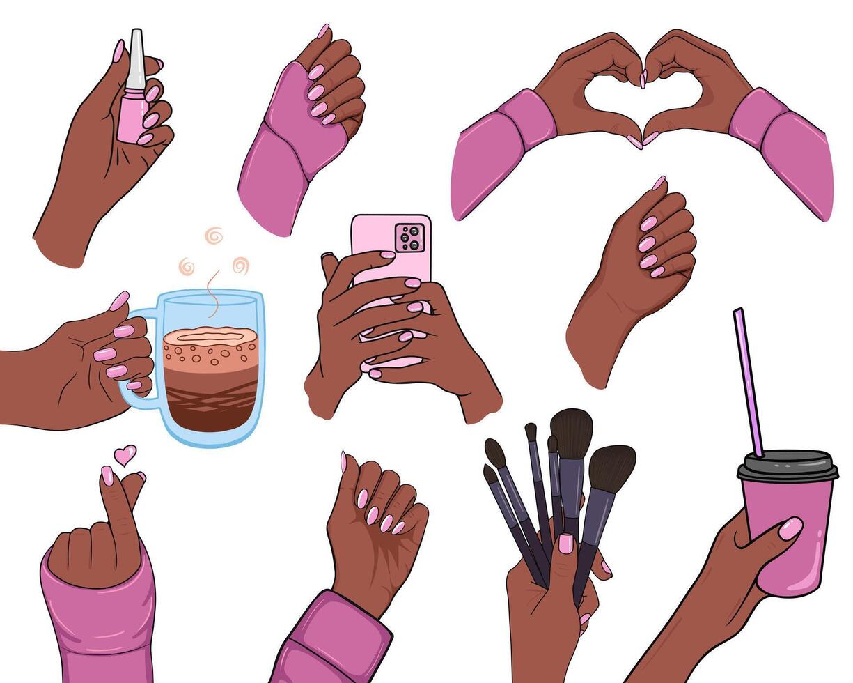 manicure, nails, hands of american, african women, big set. Illustration for backgrounds and packaging. Image can be used for greeting cards, posters and stickers. Isolated on white background. vector