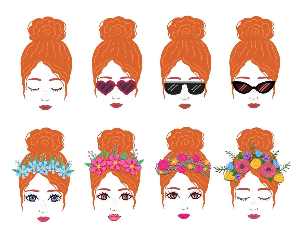 girl with red hair bun with different flower wreaths and sunglasses. Illustration for backgrounds and packaging. Image can be used for cards, posters and stickers. Isolated on white background. vector