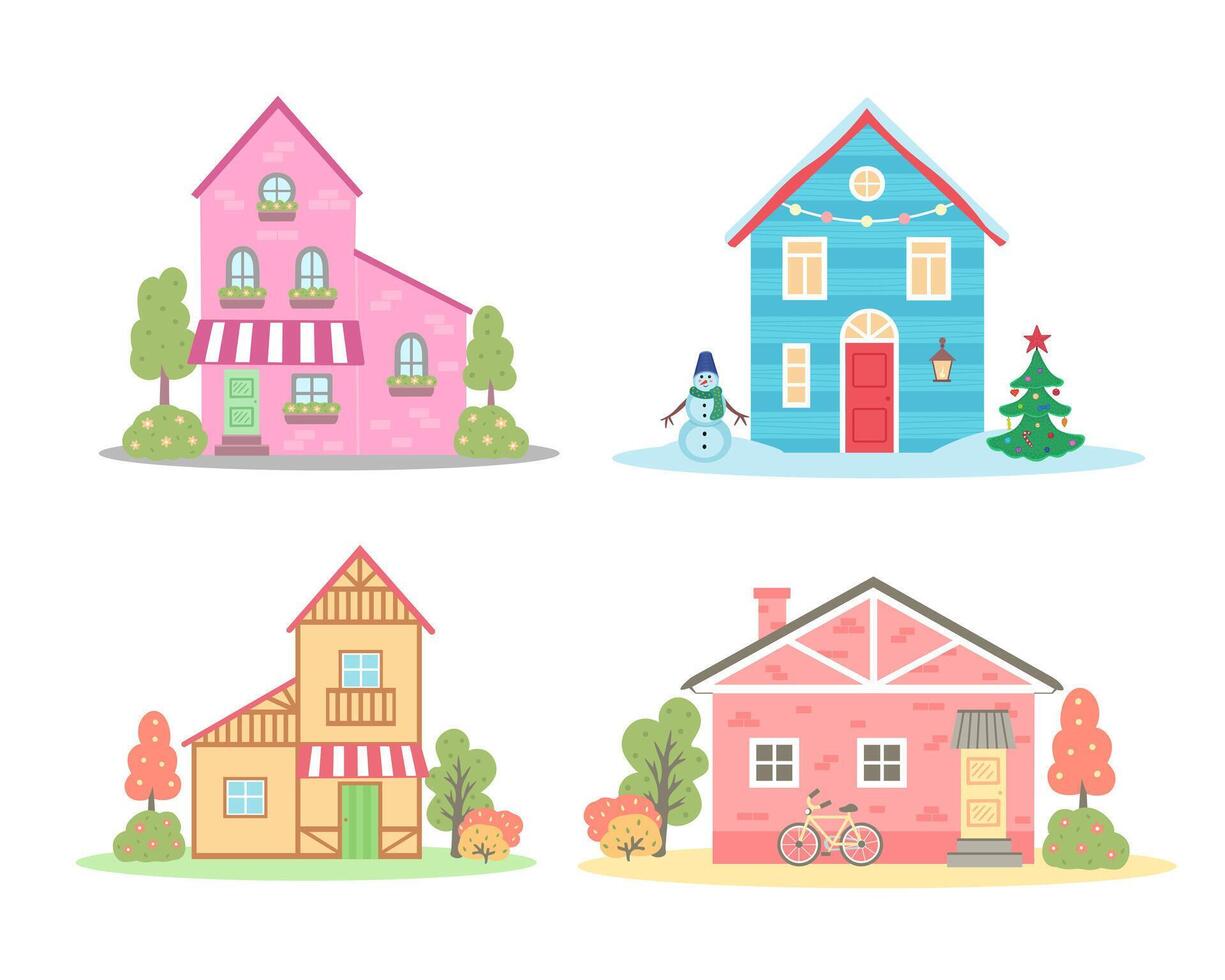 house set, colorful flat residential houses. Illustration for printing, backgrounds and packaging. Image can be used for greeting cards, posters and stickers. Isolated on white background. vector