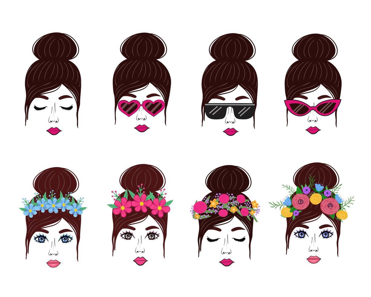 brunette girl in different images, with flower wreath, sunglass. Illustration for backgrounds and packaging. Image can be used for cards, posters and stickers. Isolated on white background. vector