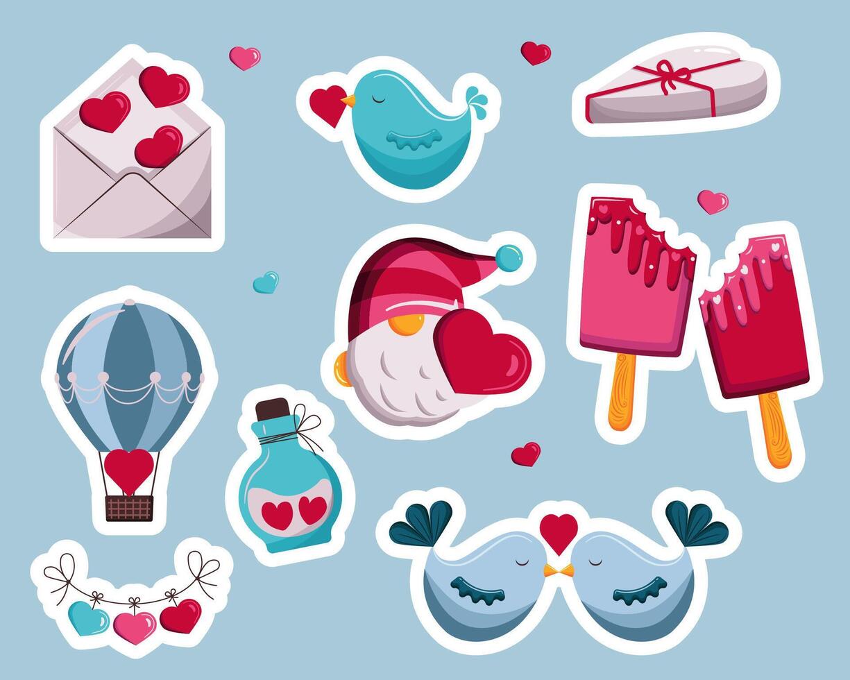 A set of bright, cute stickers for Valentine's Day. vector