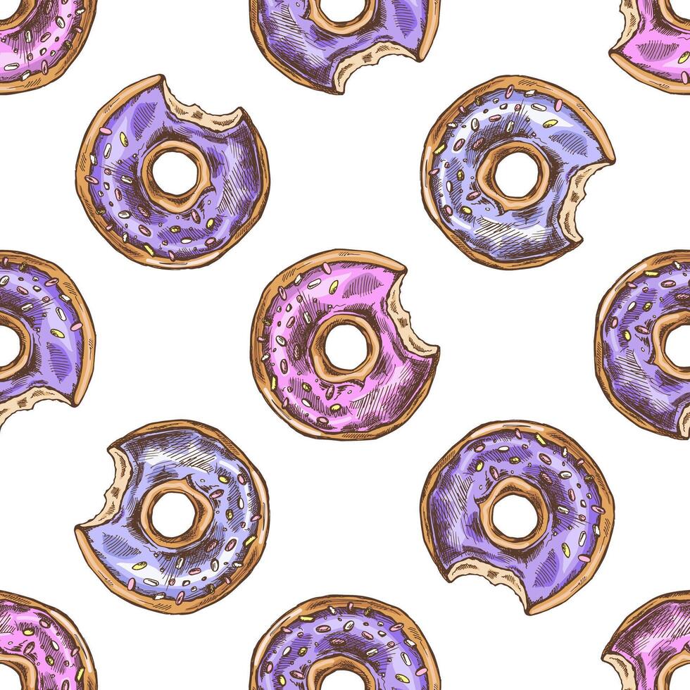 Colored seamless pattern of donuts. Hand drawn doughnut sketch. Vintage illustration. Pastry sweets, dessert. Element for the design of labels, packaging. vector