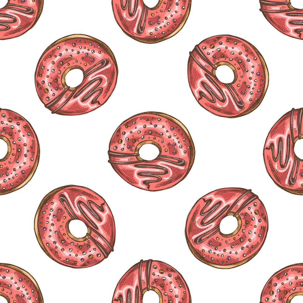 Seamless pattern of donut. Hand drawn doughnut sketch. Vintage illustration. Pastry sweets, dessert. Element for the design of labels, packaging and postcards. vector