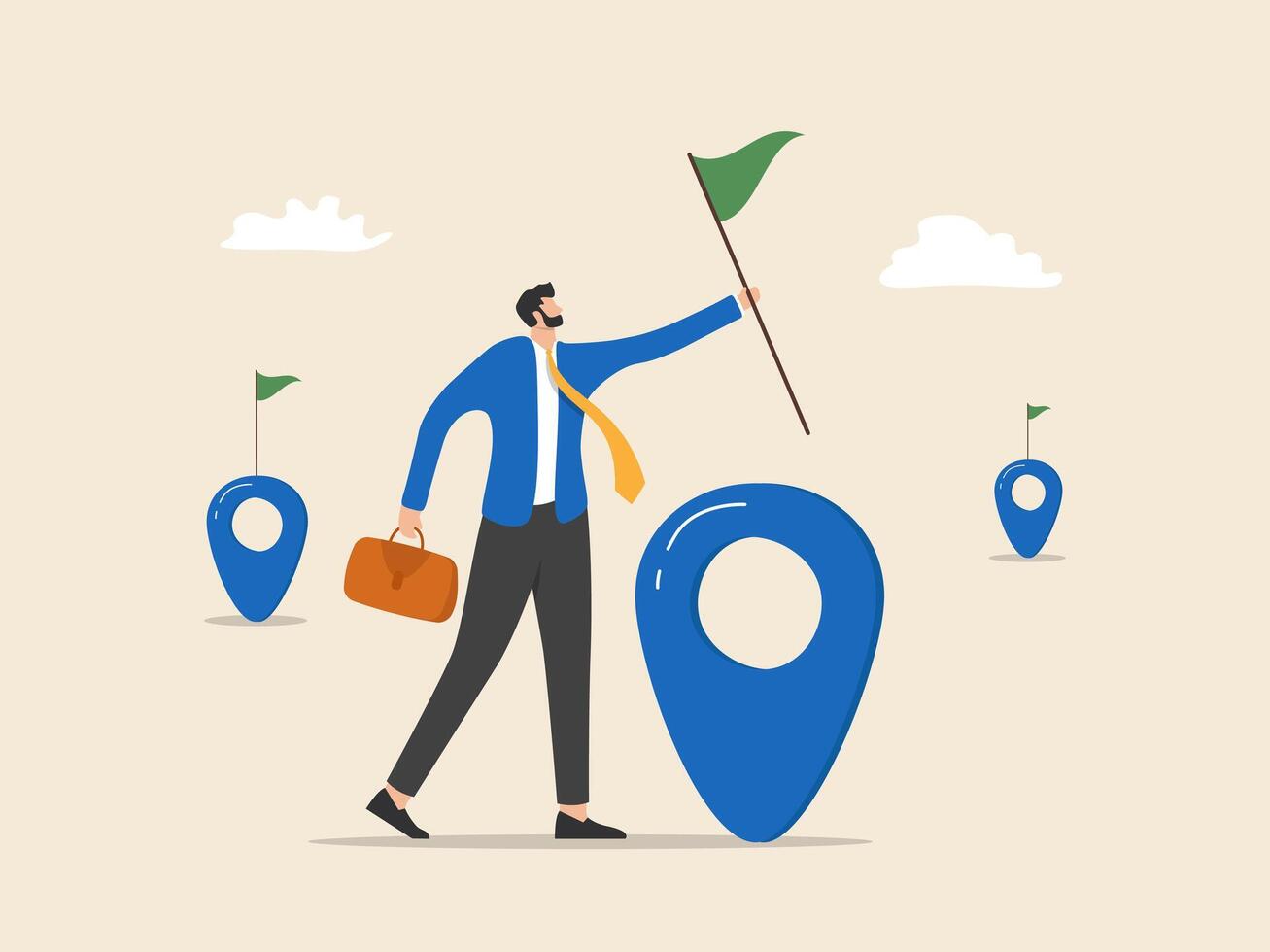 An enthusiastic business owner expands operations by planting a flag at a new location after jumping from one map navigation pin to another. vector