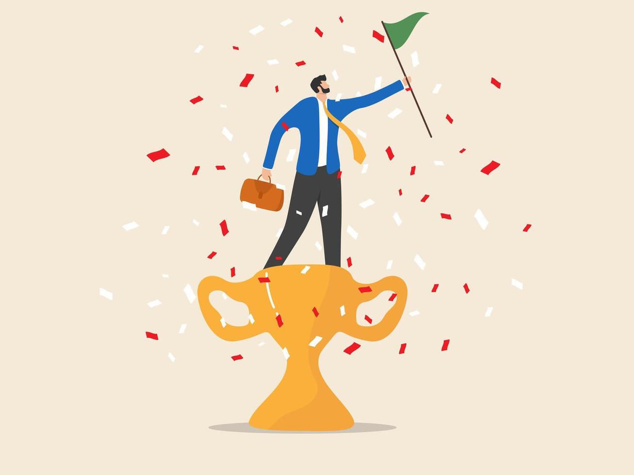 victory and business achievements, raising the flag on the victory trophy. symbolizes the achievement of leadership success and determination for career success. vector