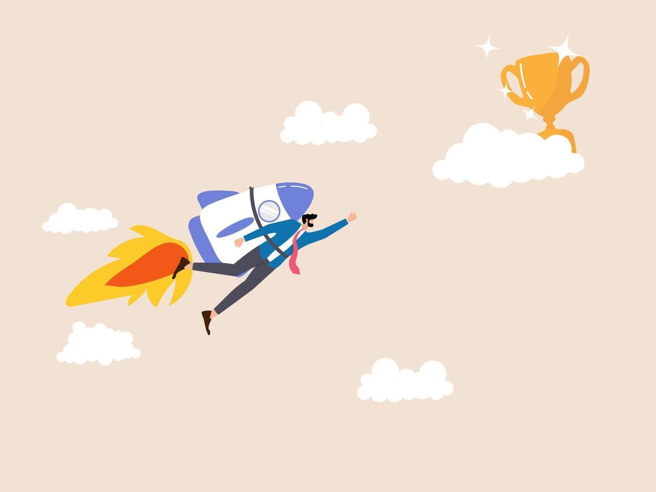 Rocketing for a trophy behind clouds. An illustration of an ambitious business journey, with the courage to reach hidden goals and achieve success. vector