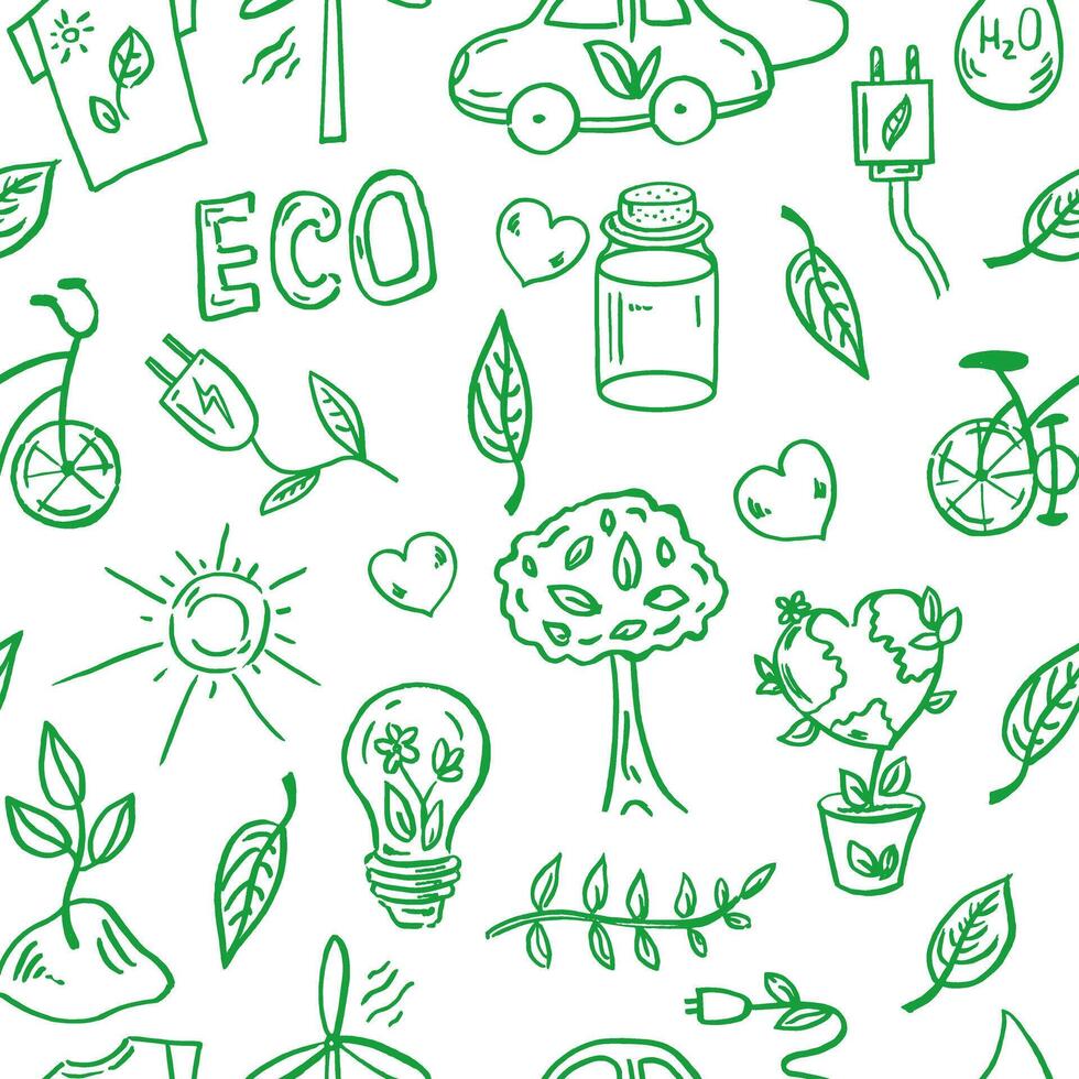 Ecology seamless pattern. Hand-drawn doodle vector illustration. Ecology problem, recycling and green energy icons. Environmental symbols.