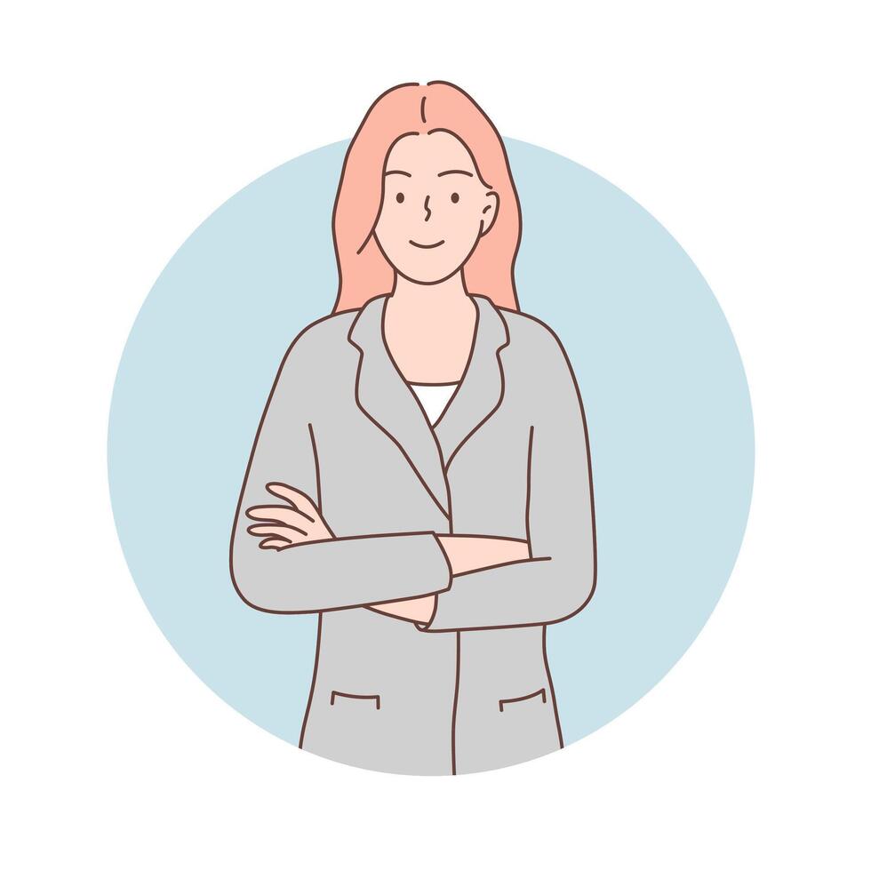 mujer de negocios sonriente felizmente, sensación feliz, satisfecho y relajado, con cruzado brazos. pastel color mano dibujado estilo vector diseño ilustración.