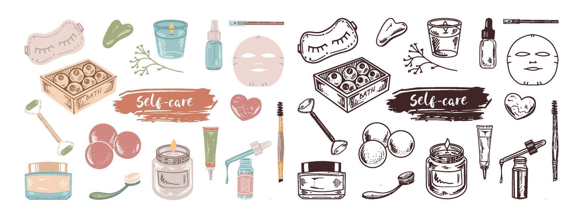 A set of hand-drawn colored and outline doodle sketches of cosmetics, beauty, self-care elements.  Illustration for beauty salon, cosmetic store, makeup design. Flat design. vector