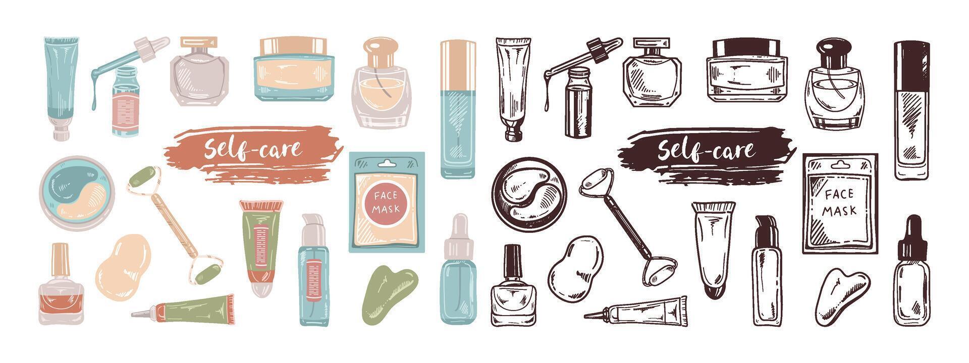 un conjunto de dibujado a mano bocetos de productos cosméticos, belleza, cuidados personales elementos. ilustración para belleza salón, cosmético almacenar, maquillaje diseño. de colores plano y negro garabatear estilo. vector