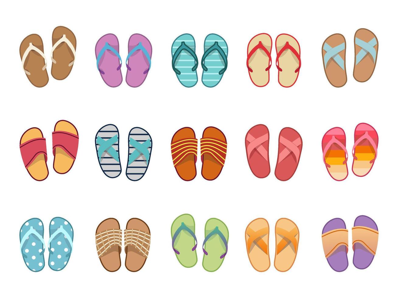 Vector summer slippers set, flat design. Vietnamese flip flops on white background. Vietnamese slates shoes for beach. Flip flops summer shoes illustration, view from above.