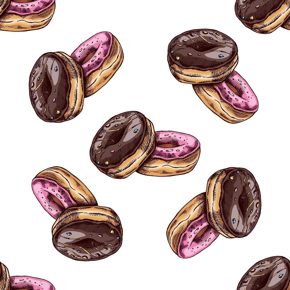 de colores sin costura modelo de donas mano dibujado rosquilla bosquejo. Clásico ilustración. Pastelería dulces, postre. elemento para el diseño de etiquetas, embalaje. vector