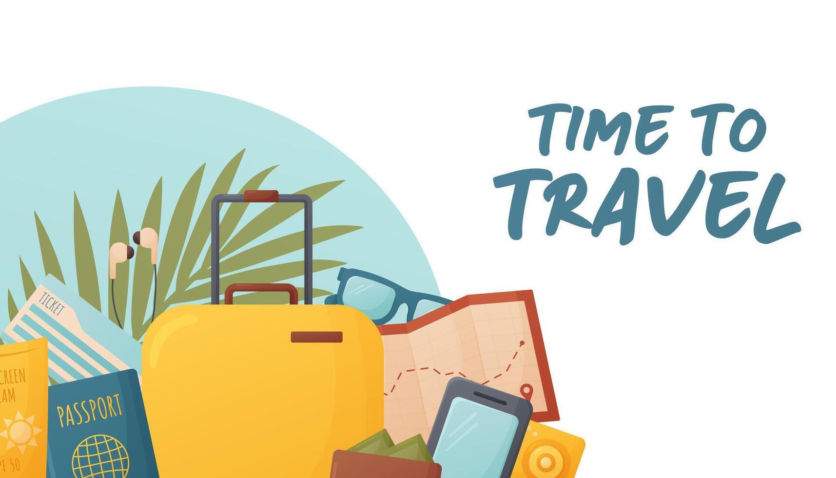 time to travel banner design, illustration with passport, ticket, suitcase, wallet, template for website, tourism, vacation background vector