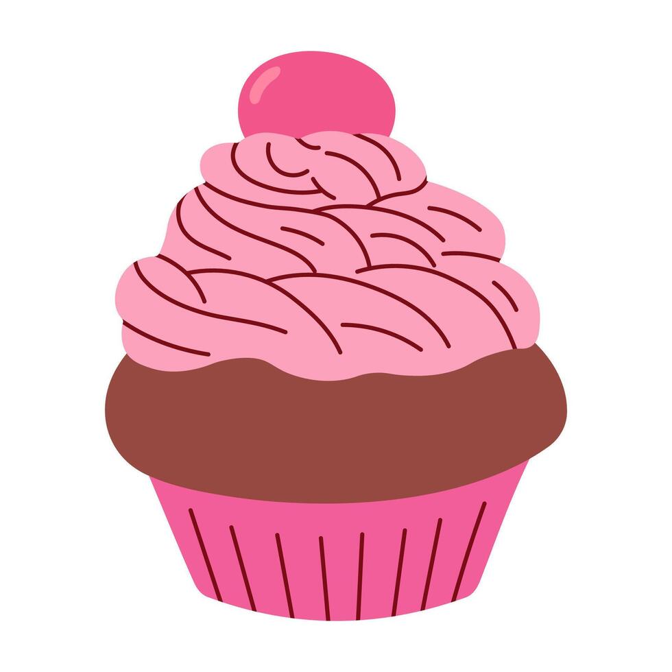 chocolate cupcake with pink whipped cream, food vector illustration, baked sweets, flat style muffin