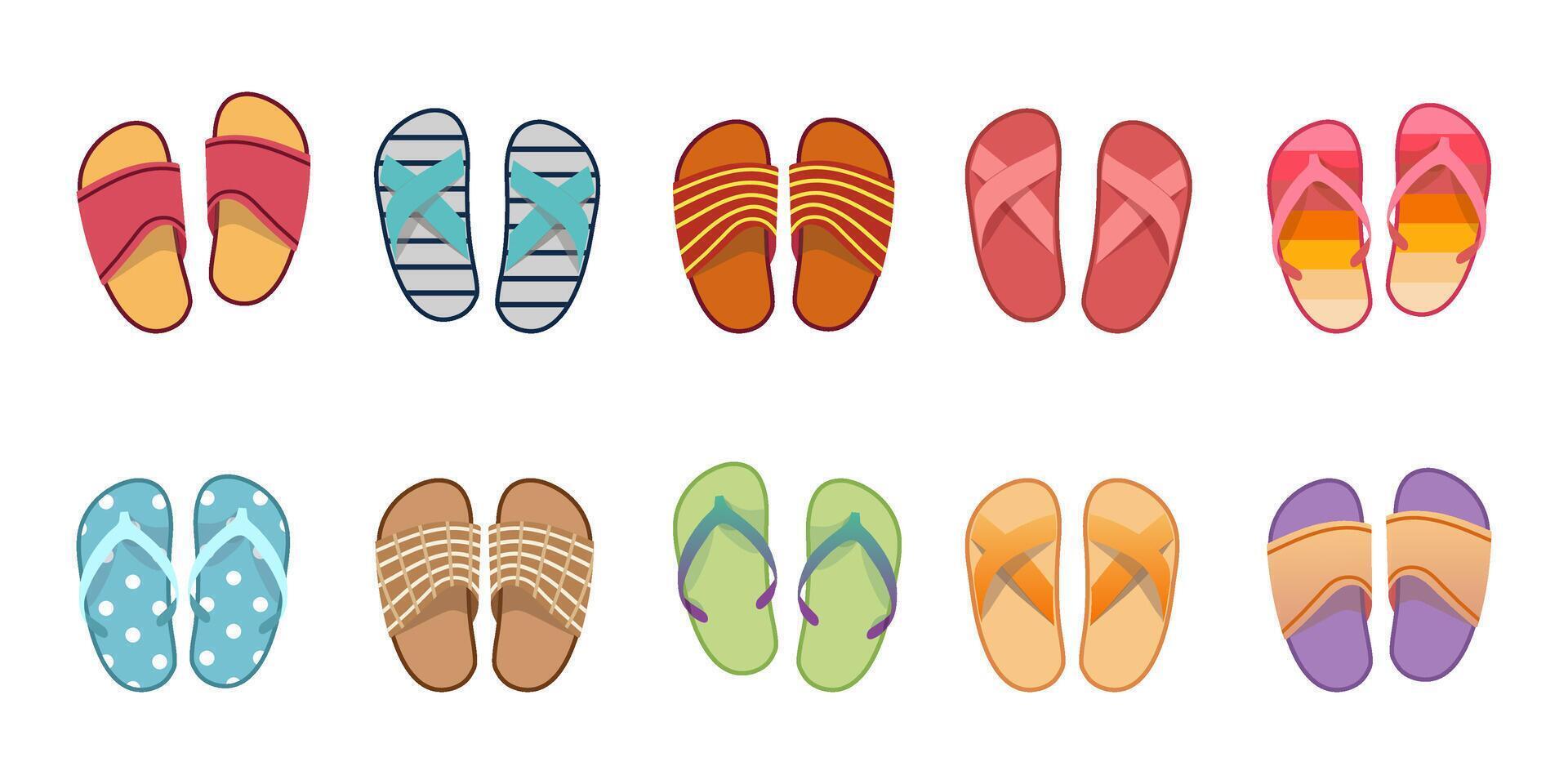 Vector summer slippers set, flat design. Vietnamese flip flops on white background. Vietnamese slates shoes for beach. Flip flops summer shoes illustration, view from above.