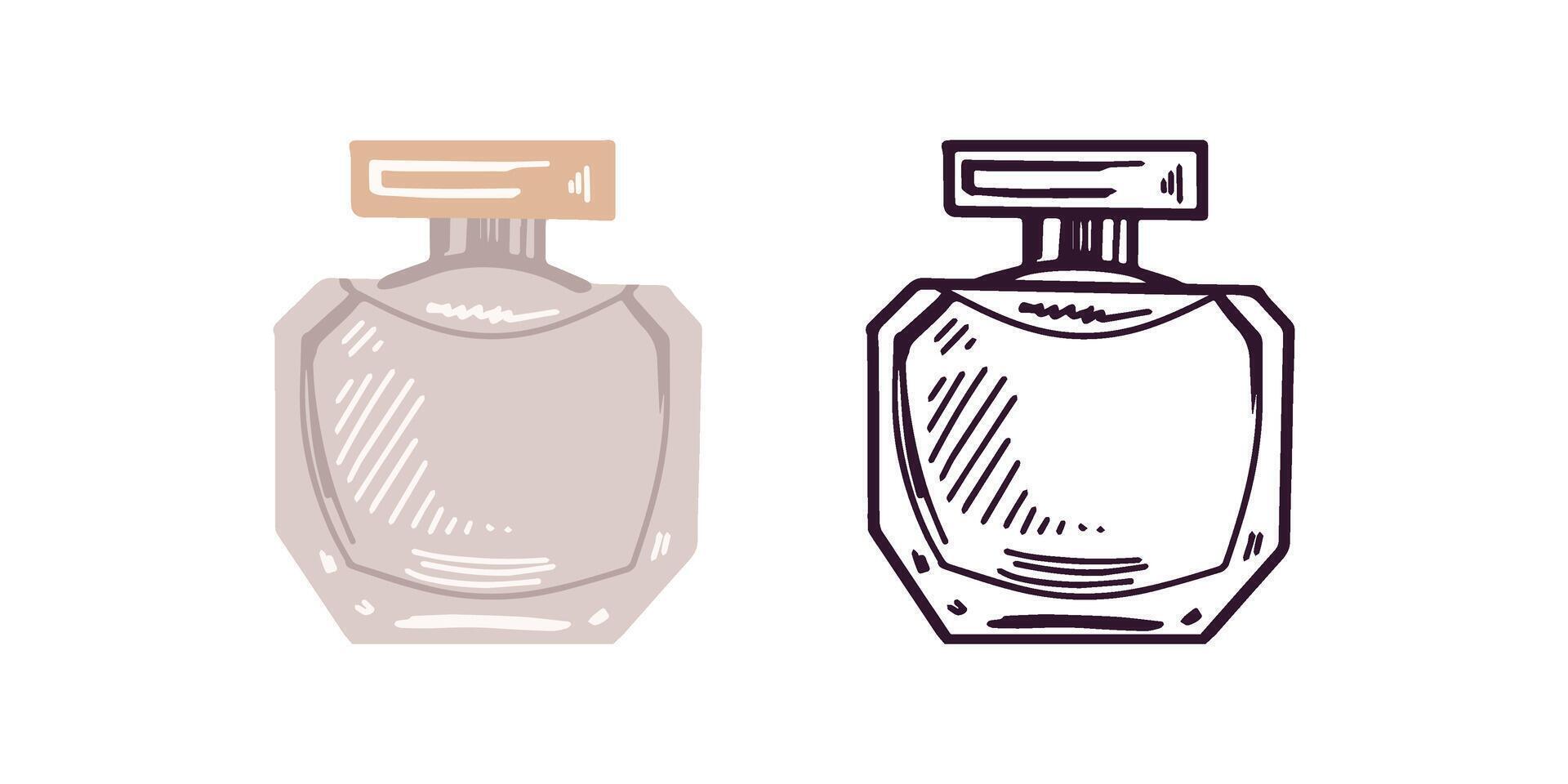 dibujado a mano perfume botella, belleza cosmético elemento, yo cuidado. ilustración para belleza salón, cosmético almacenar, maquillaje diseño. de colores plano y negro garabatear estilo. vector