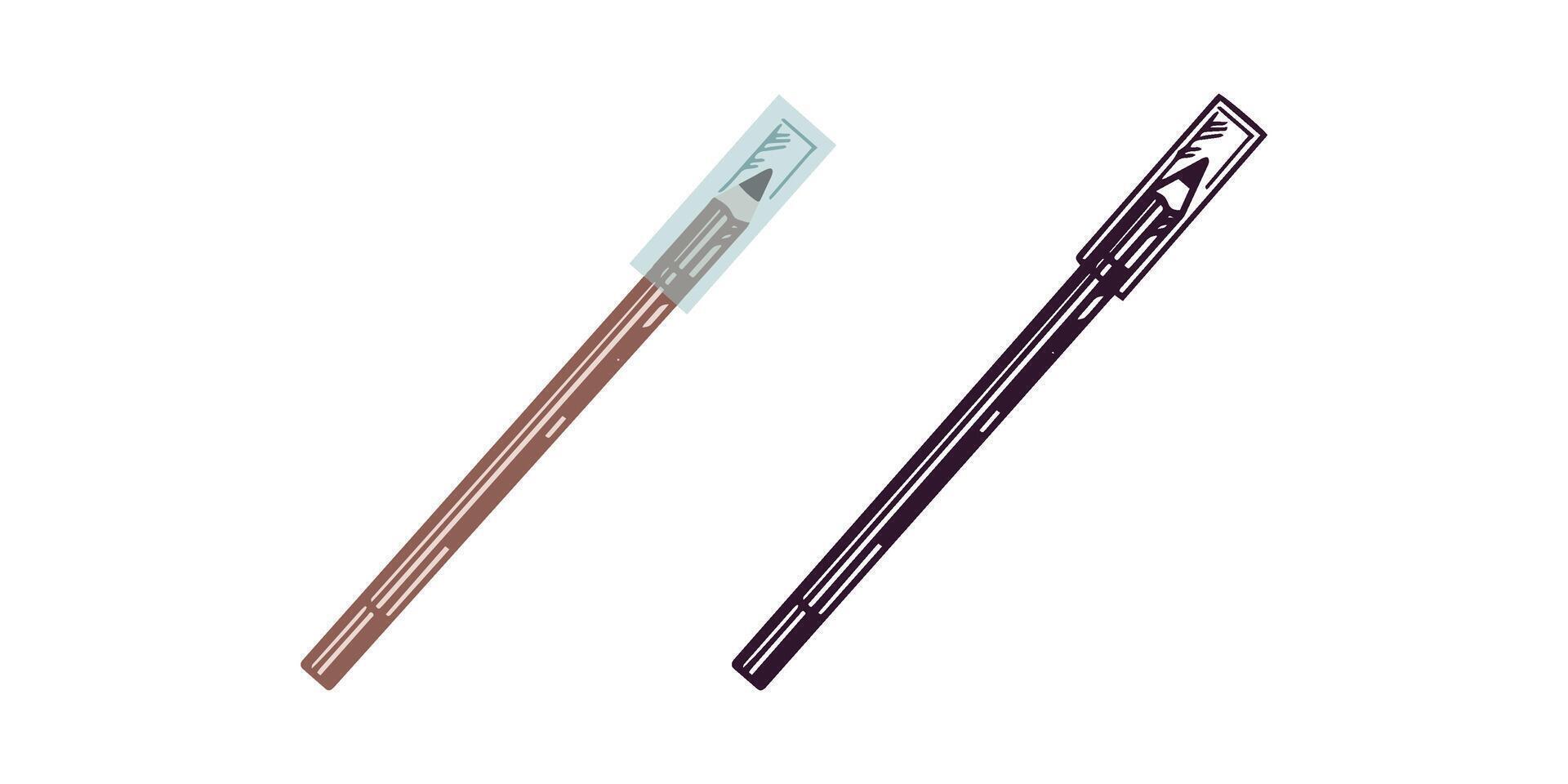Hand-drawn pencil for eyes, eyebrows, lips, beauty cosmetic element, self care. Useful for beauty salon, cosmetic store, makeup. Colored flat and black doodle style. vector