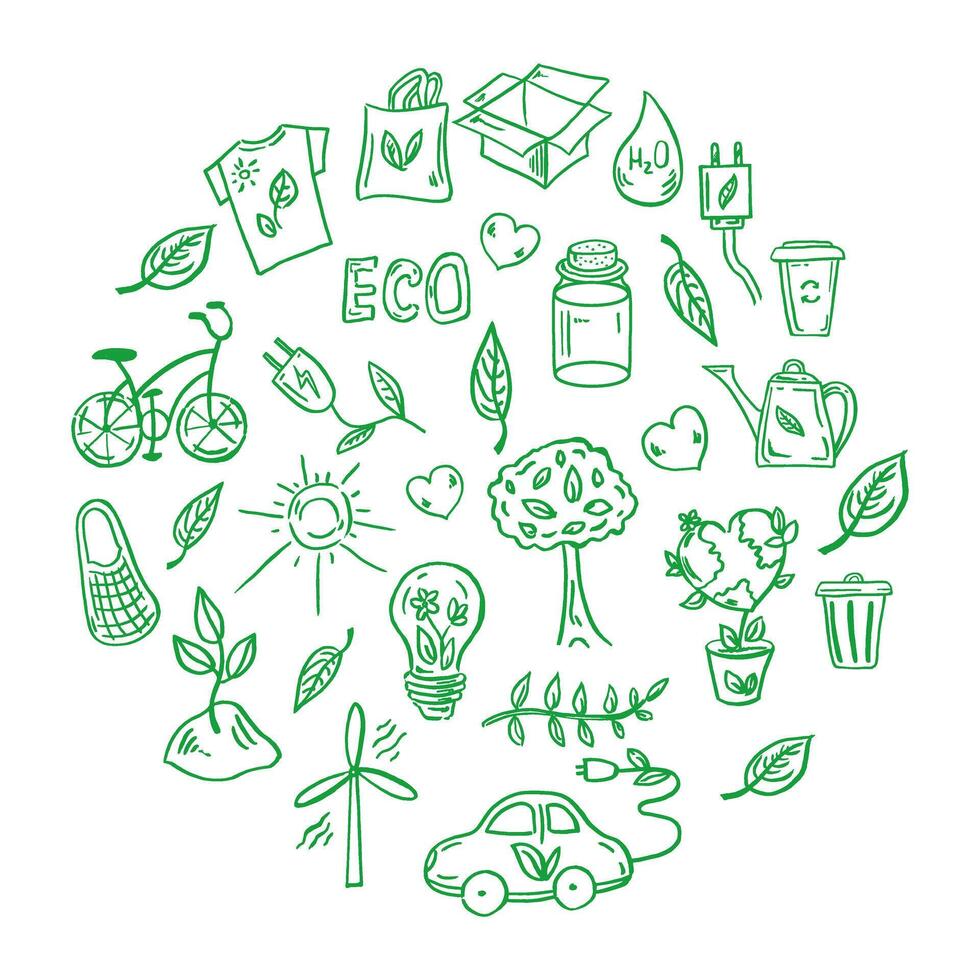 Set of ecology. Elements in circle. Hand-drawn doodle vector illustration. Ecology problem, recycling and green energy icons. Environmental symbols.