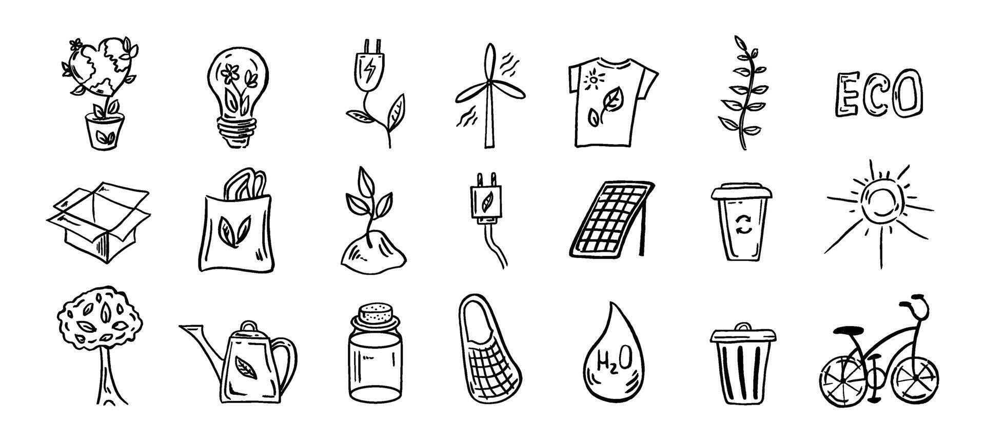 Set of ecology. Hand-drawn doodle vector illustration. Ecology problem, recycling and green energy icons. Environmental symbols.