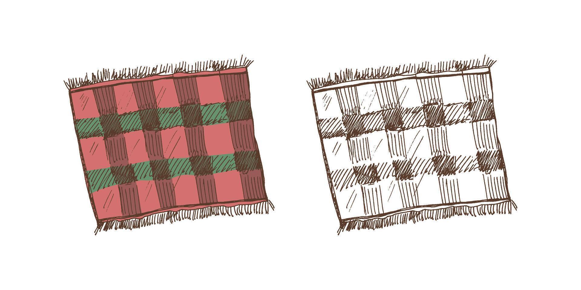Hand-drawn colored and monochrome vector sketch of a textile napkin, tablecloth, plaid. Doodle vintage illustration. Engraved image.