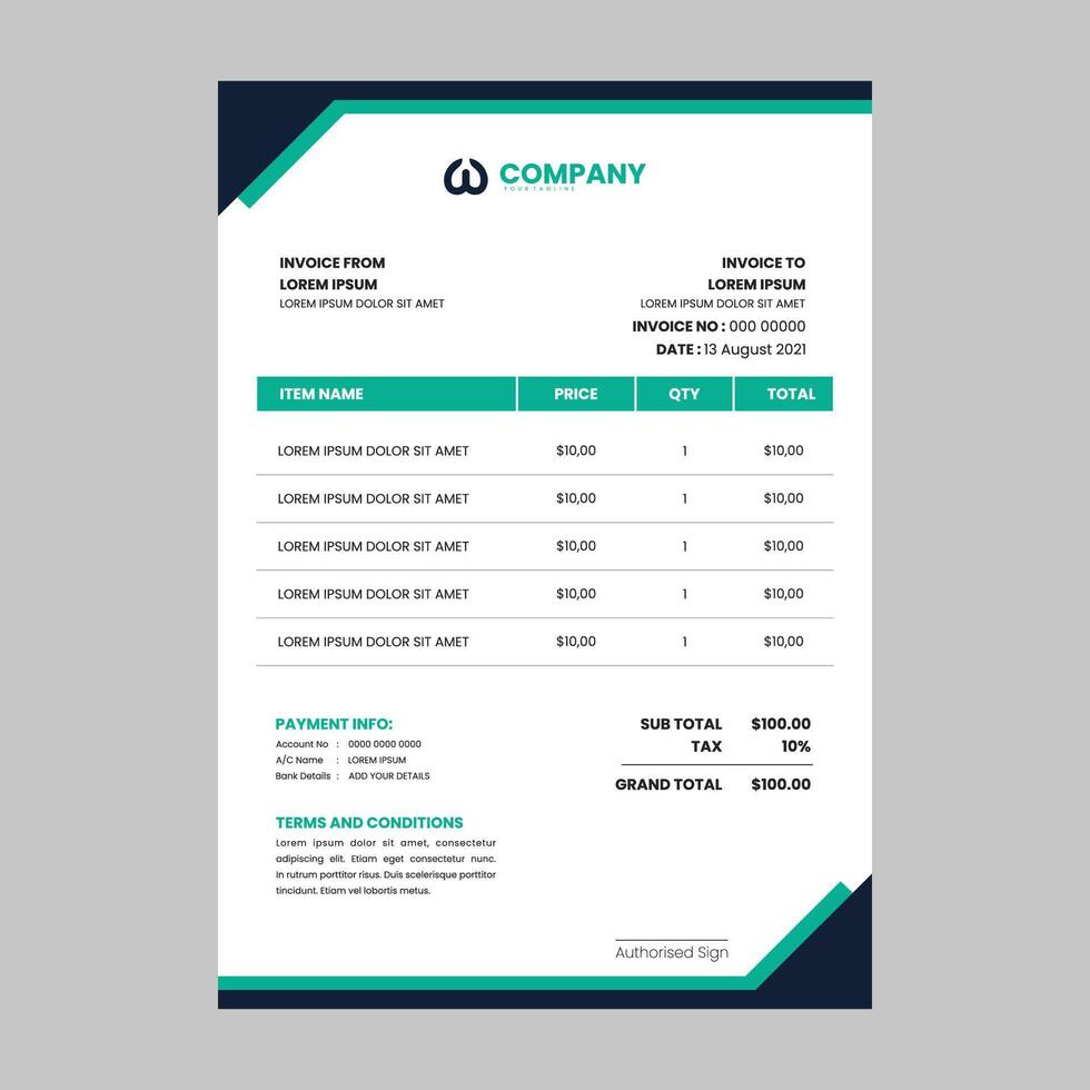 invoice vector template design in dark and green theme, minimal green invoice template