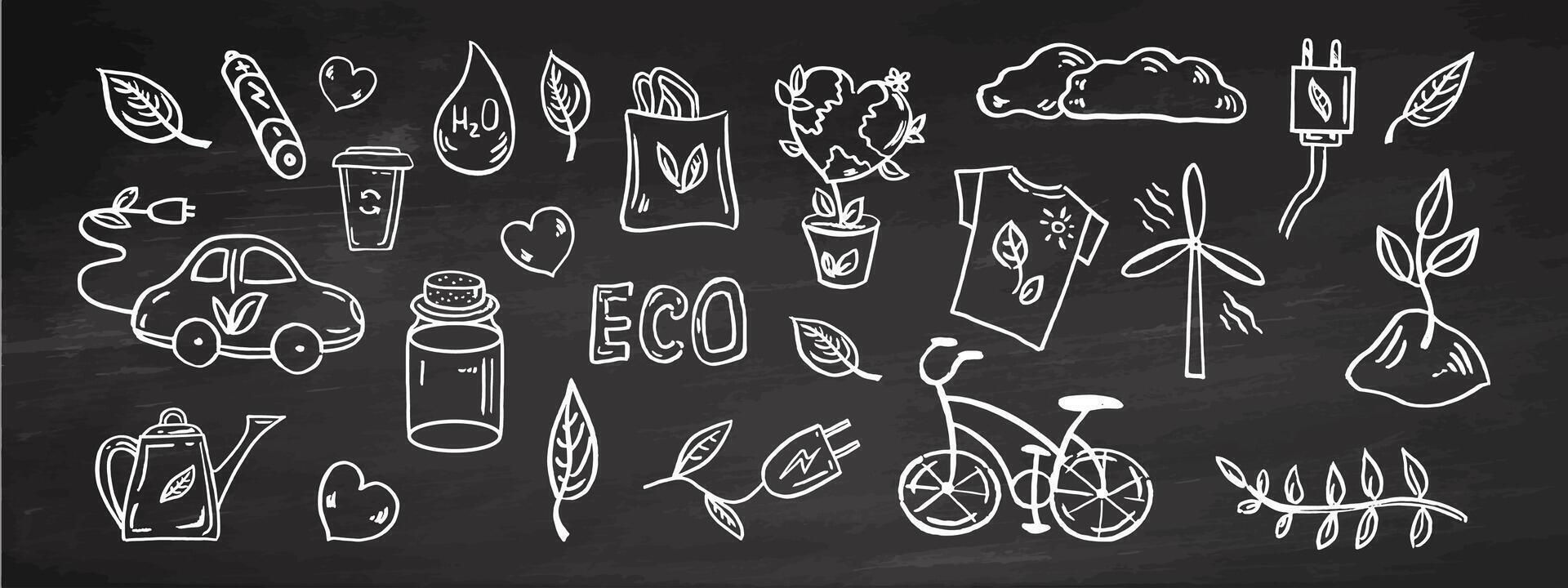 Set of ecology. Hand-drawn doodle vector illustration on chalkboard background. Ecology problem, recycling and green energy icons. Environmental symbols.