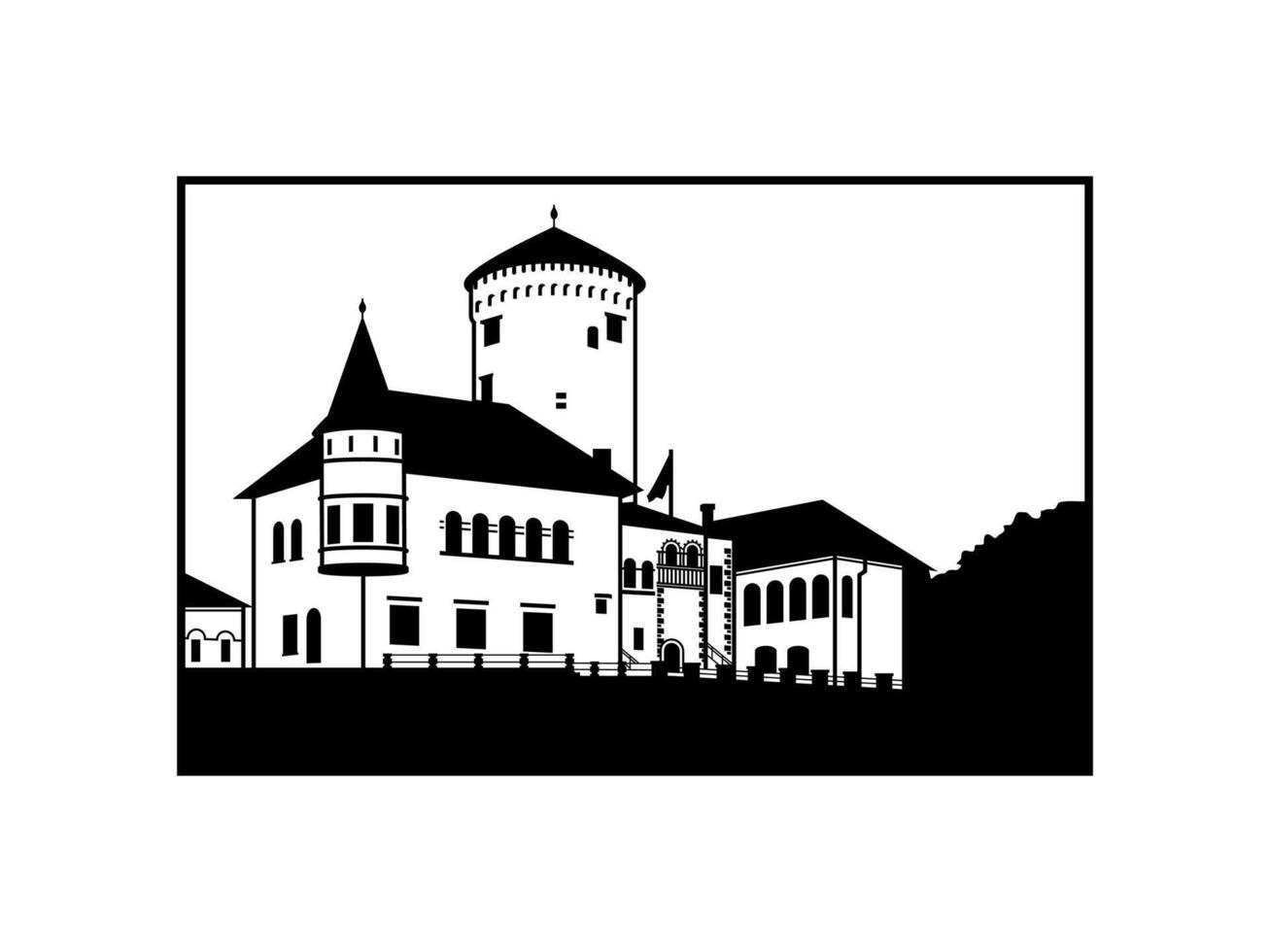 old castle Landscape Silhouette cut out. Fantasy landscape. Medieval panorama. Vector illustration