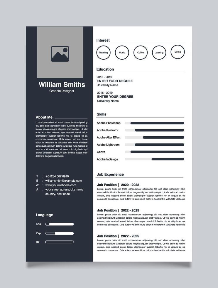 Professional CV resume template design and letterhead - cover letter - vector minimalist - dark blue and white