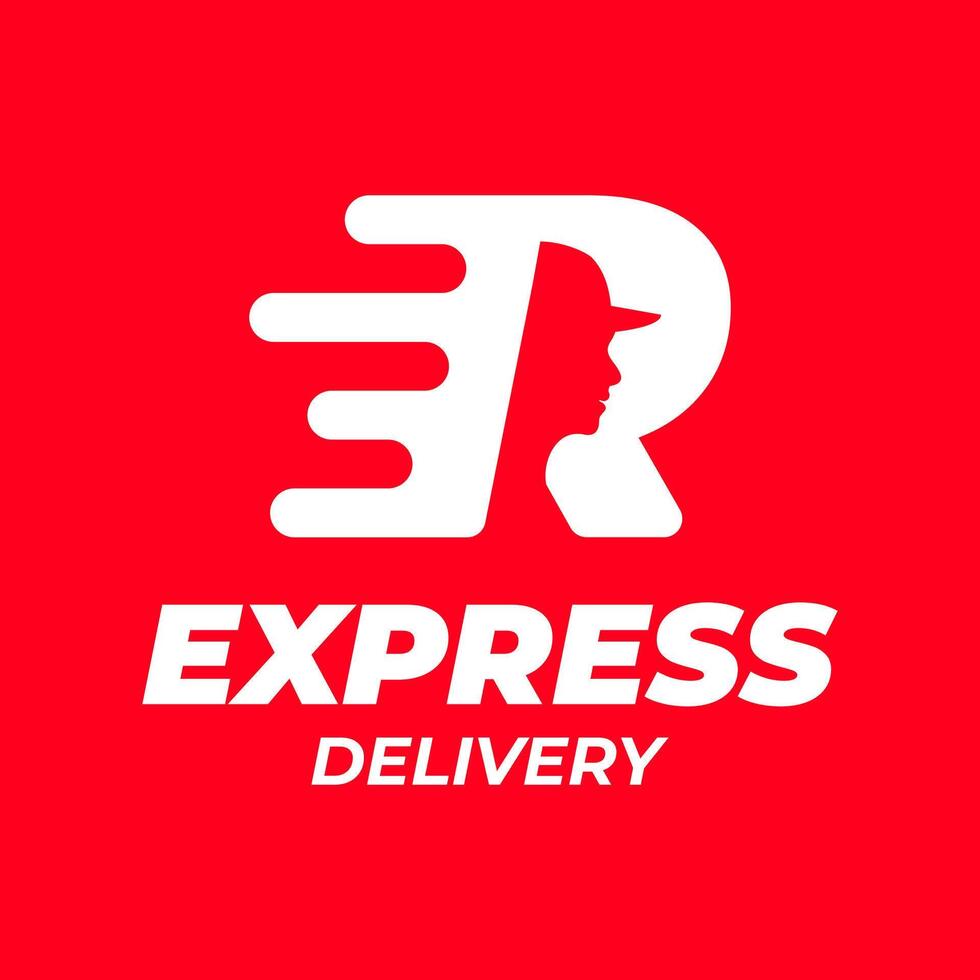 The logo shows a person's face embedded in the letter R. This logo is suitable for a delivery service, transport, courier vector