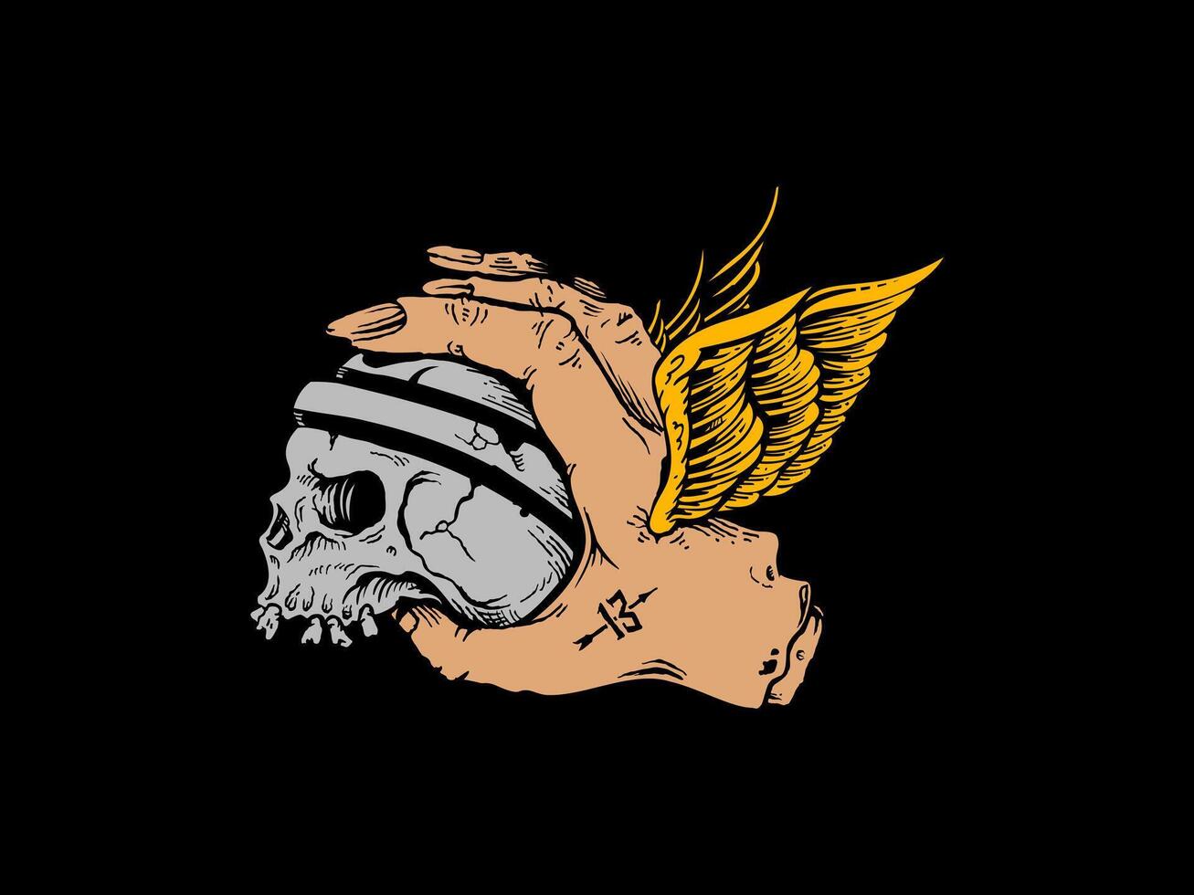 handdrawn flying hand holding skull for graphic t-shirt artwork vector