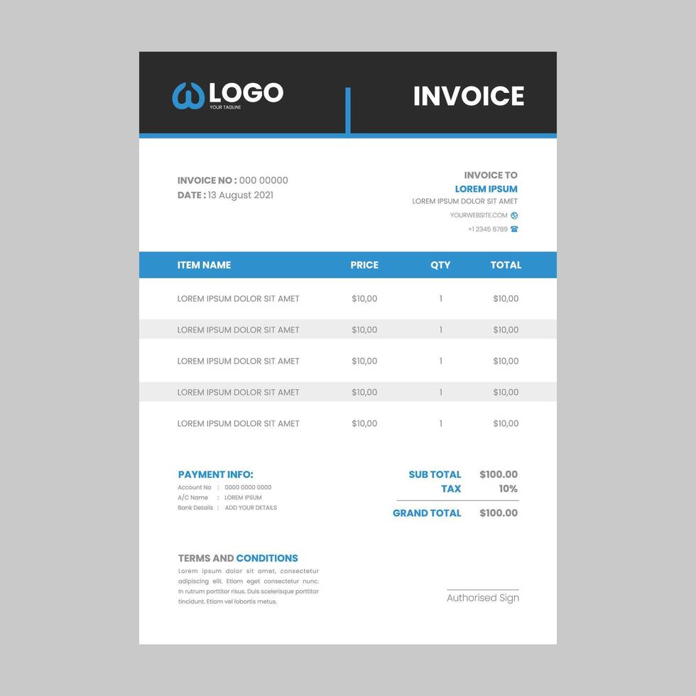 vector minimalista factura modelo diseño para tu negocio empresa azul y negro tema diseño