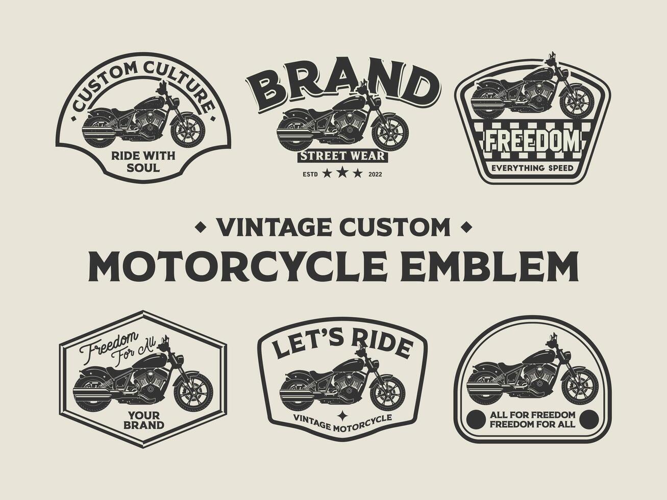 Set of vintage custom motorcycle emblems, labels, badges, logos, prints, templates. Layered, isolated on beige background Easy rider vector