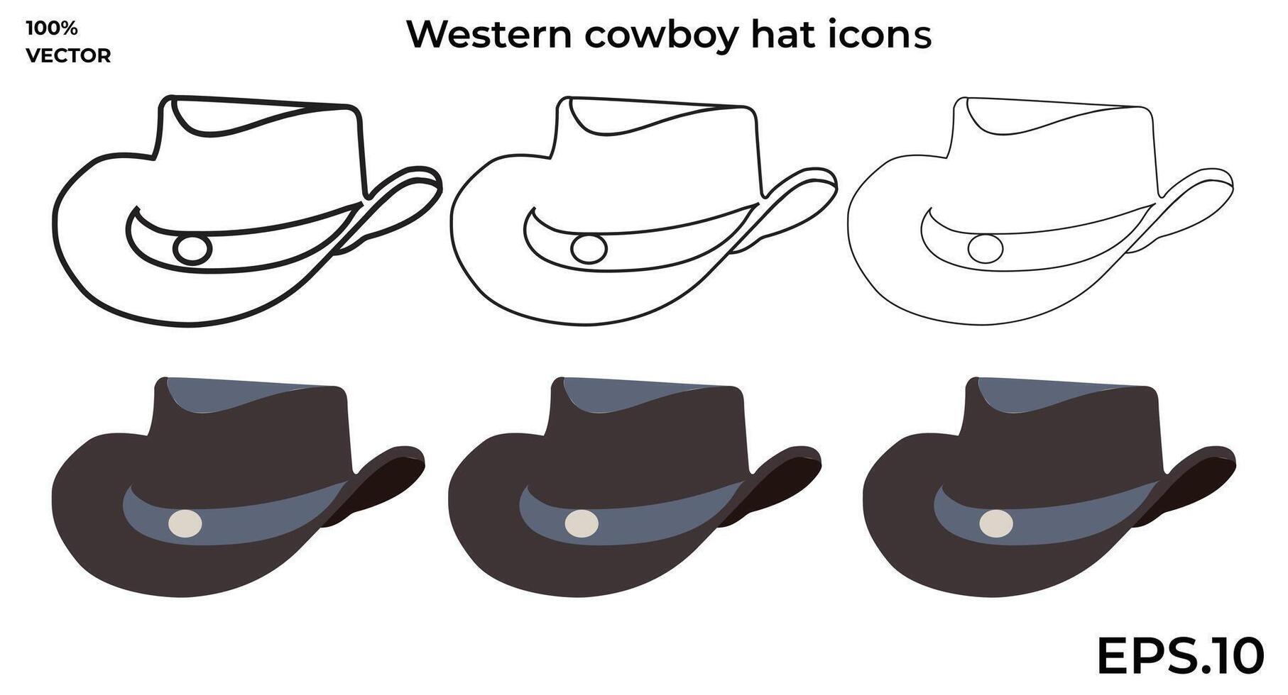un conjunto de contorno y vector negro occidental vaquero sombrero íconos