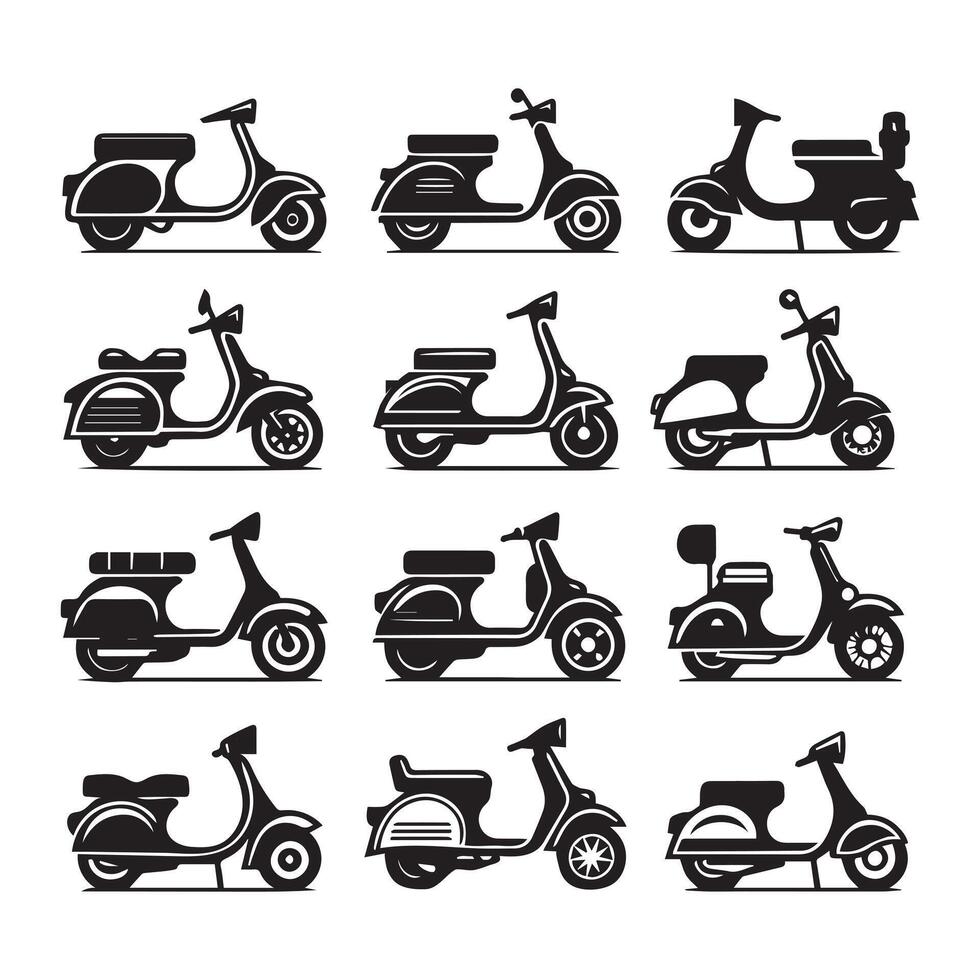 un colección de blanco y negro vector scooter íconos