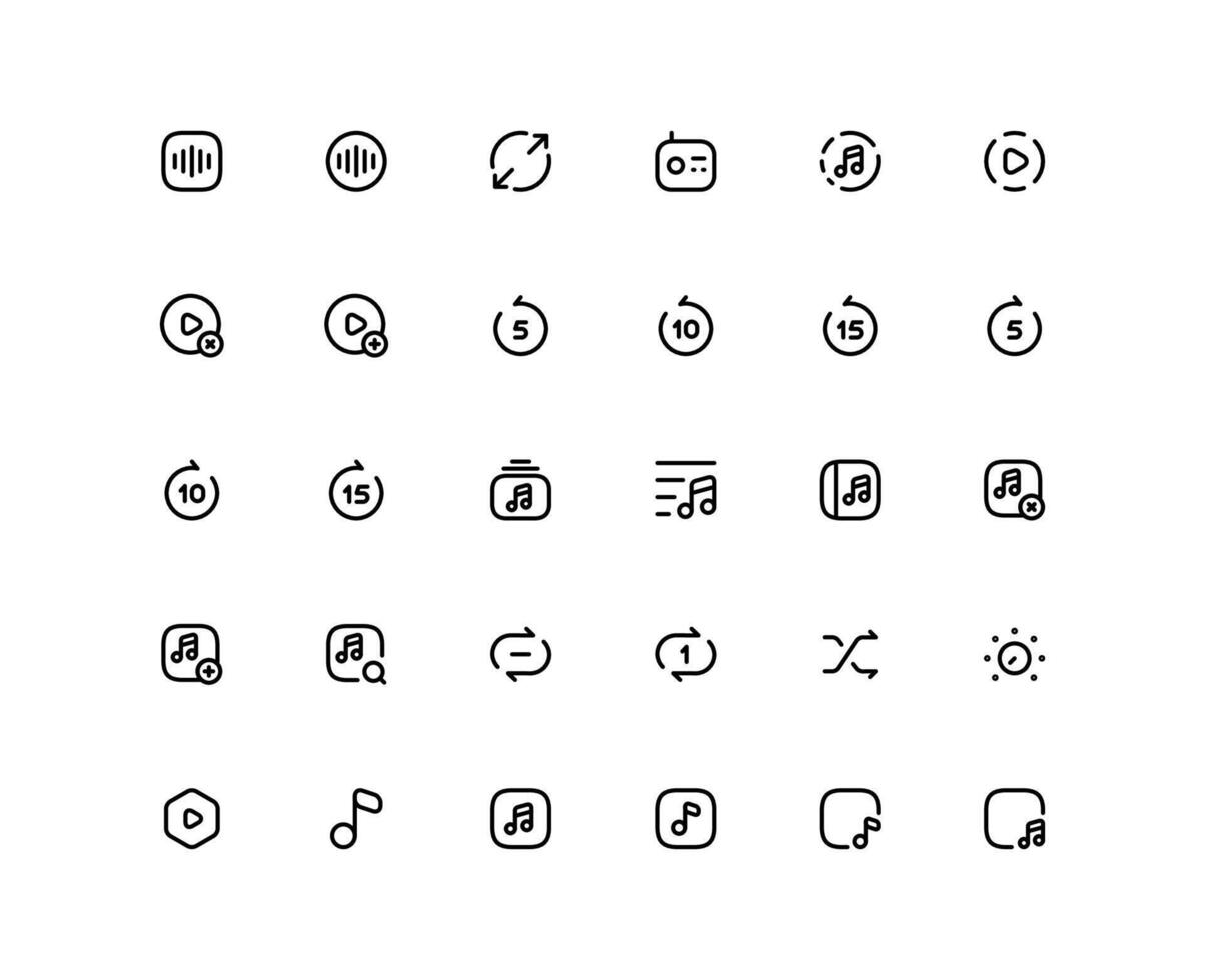 music, audio player universal thin line icons set on white background. vector