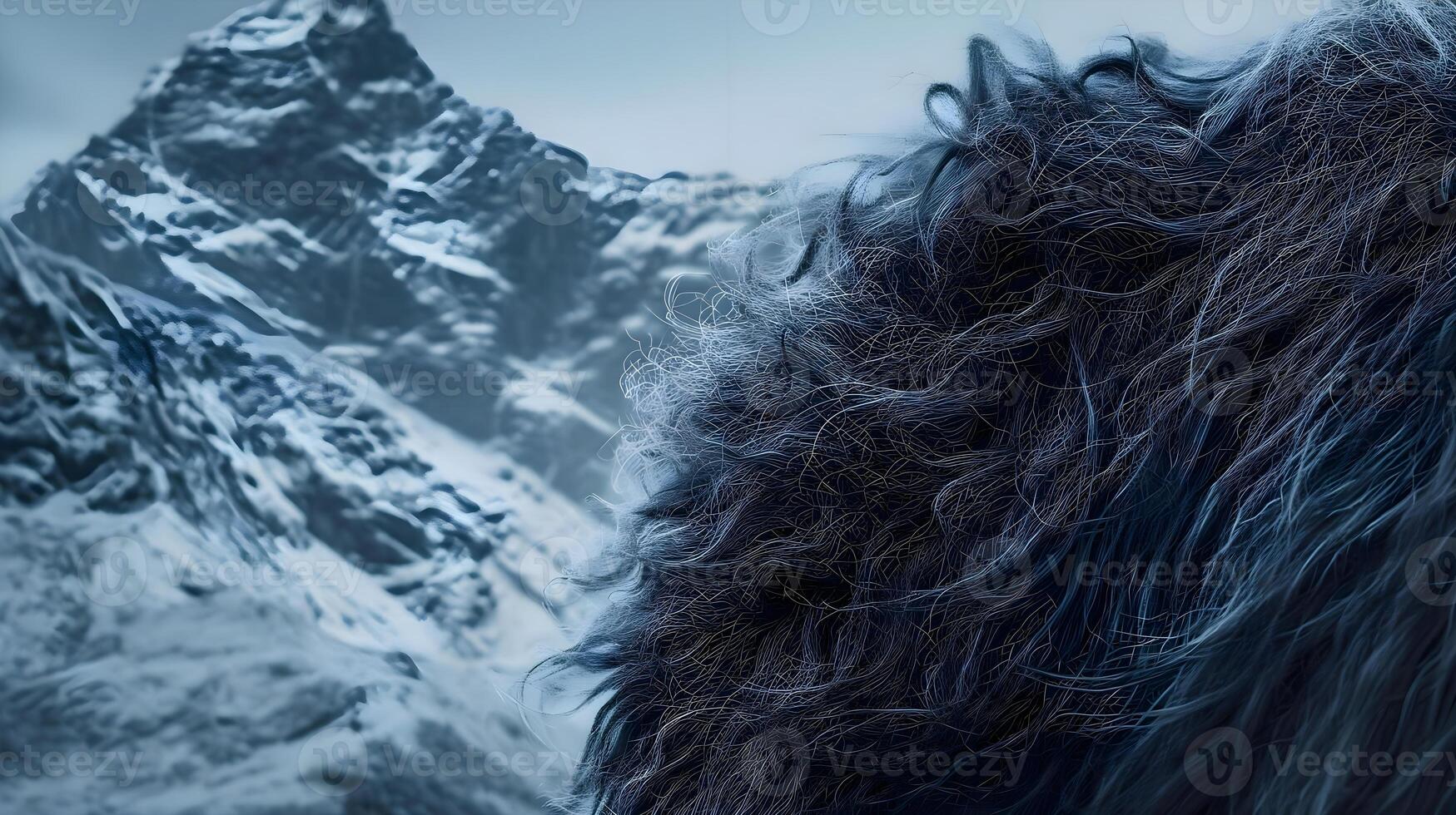 ai generado un cerca arriba de un peludo animal en frente de un montaña foto