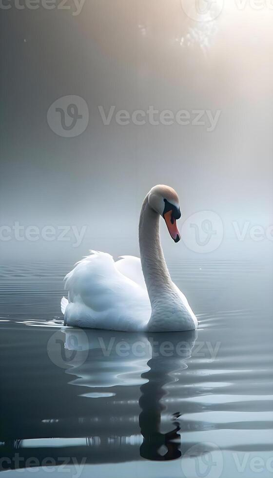 ai generado un blanco cisne flotante en parte superior de un cuerpo de agua foto